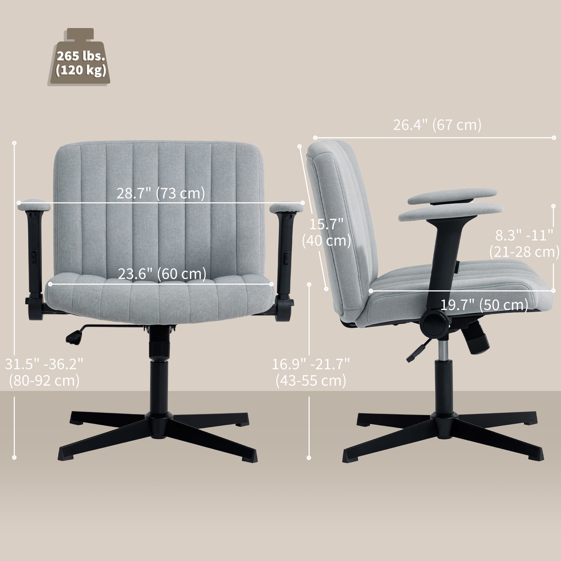 Criss Cross Chair with Flip-up Armrests, Wide Office Chair with Adjustable Height, Tilting, No Wheels, Grey-Office Products > Office Furniture > Office Chairs > Task Chairs-DECOROLALA