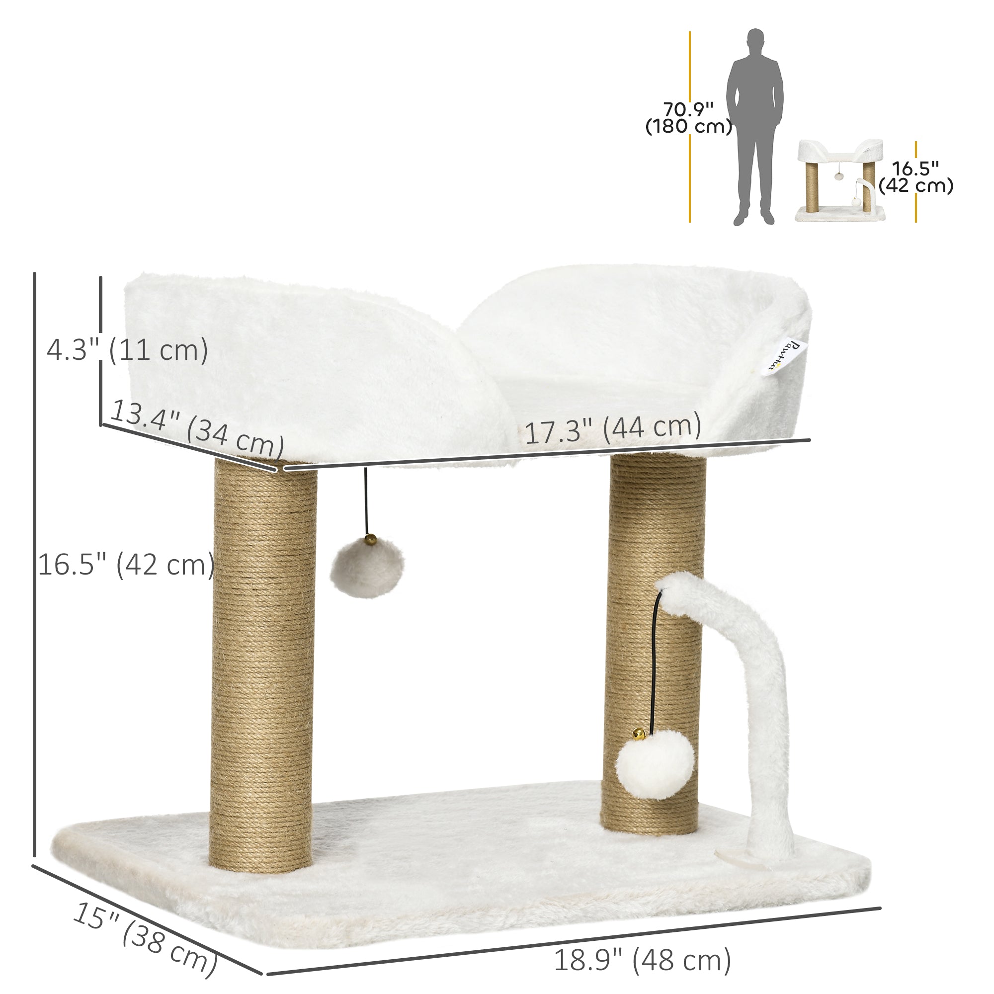 Condo pour chats d’intérieur, petit arbre à chat avec poteaux à griffer en jute, plateforme supérieure, balles suspendues, blanc