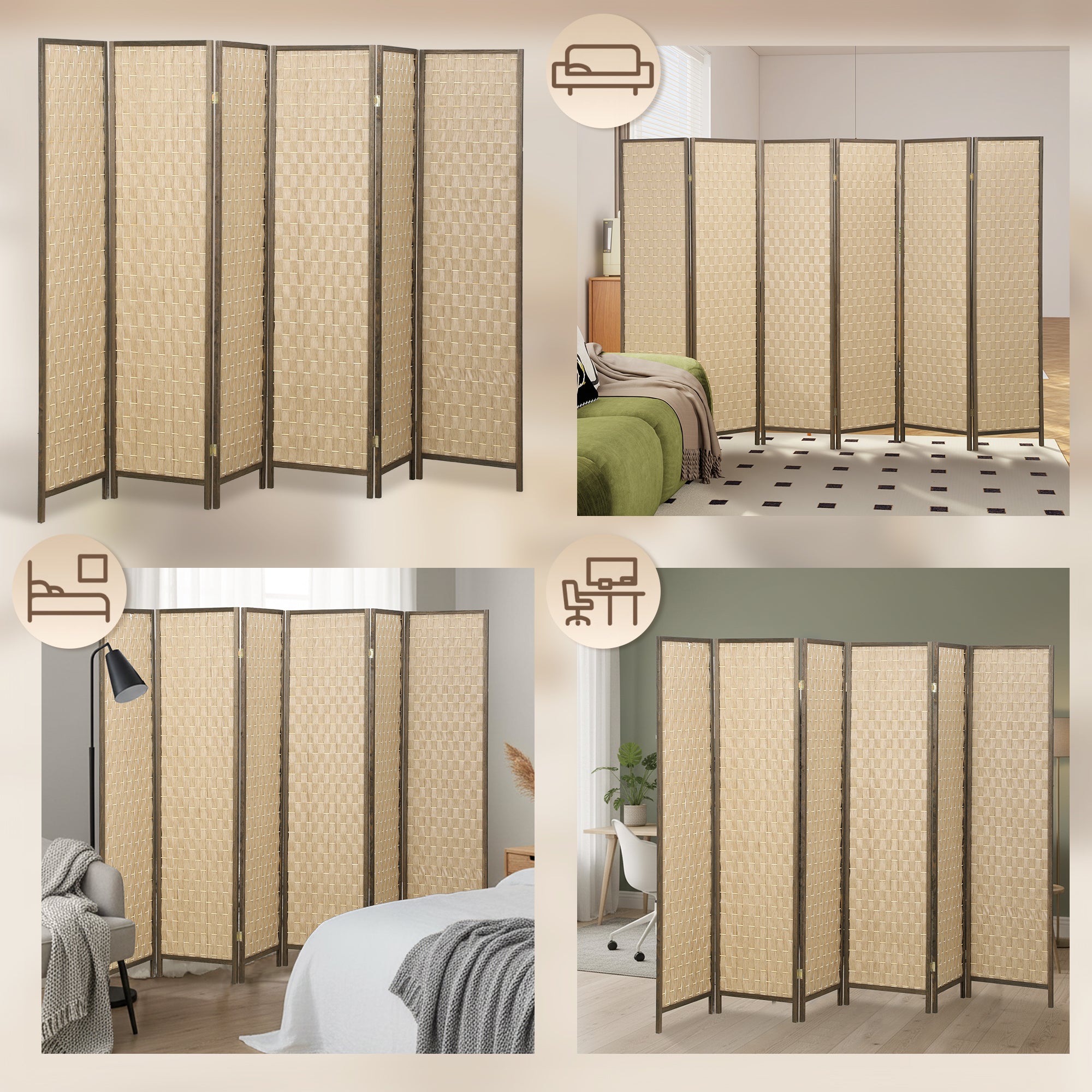 6 FT Room Divider, 6 Panel Folding Privacy Screen, Lightweight Handwoven Freestanding Partition for Home Office, Brown