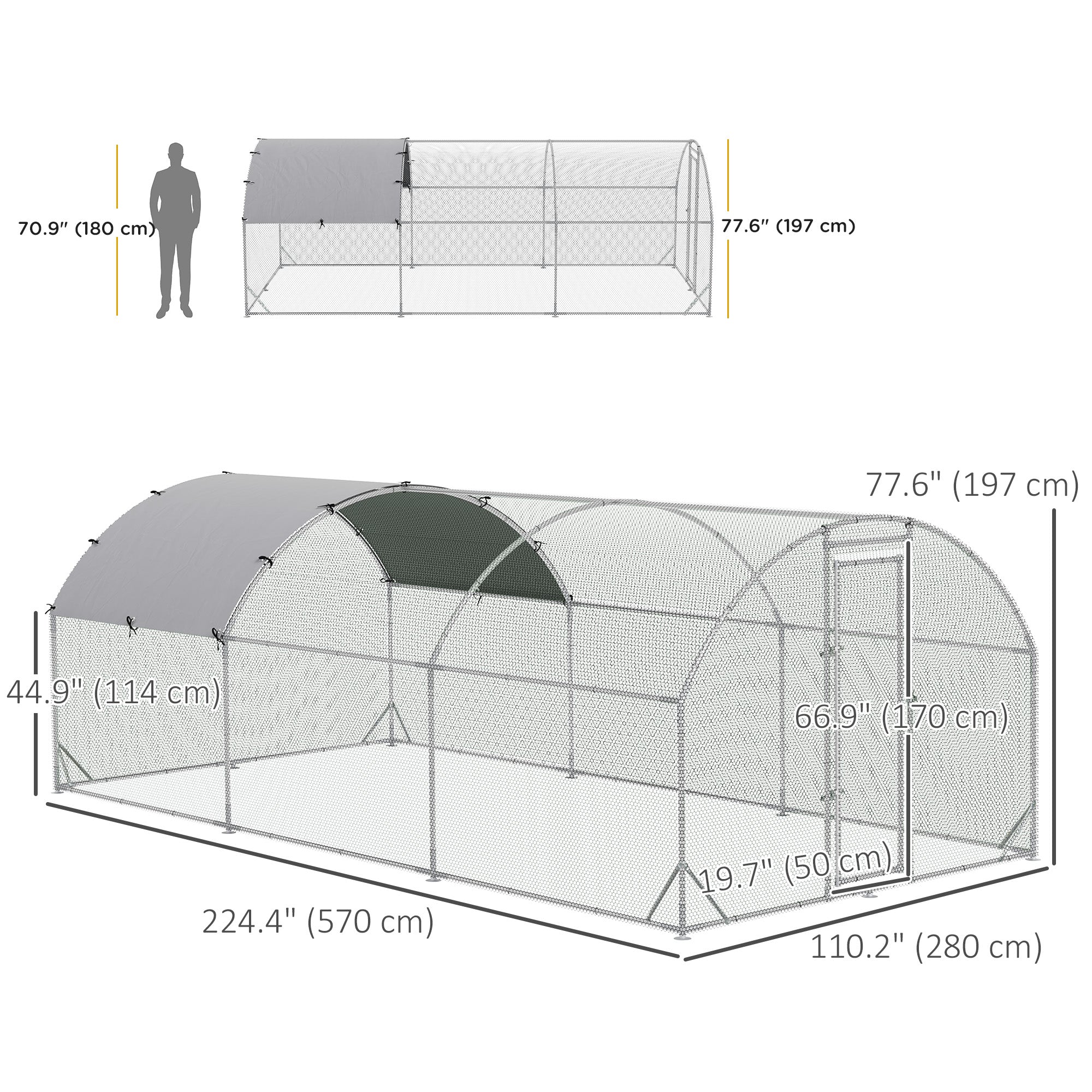 Grand enclos-cage métallique galvanisé pour poules, avec accès intérieur, parcours pour volailles, poulailler, parc de jeu et clapier pour lapins avec couverture, pour extérieur et jardin, 9,2' x 18,7' x 6,5', argenté