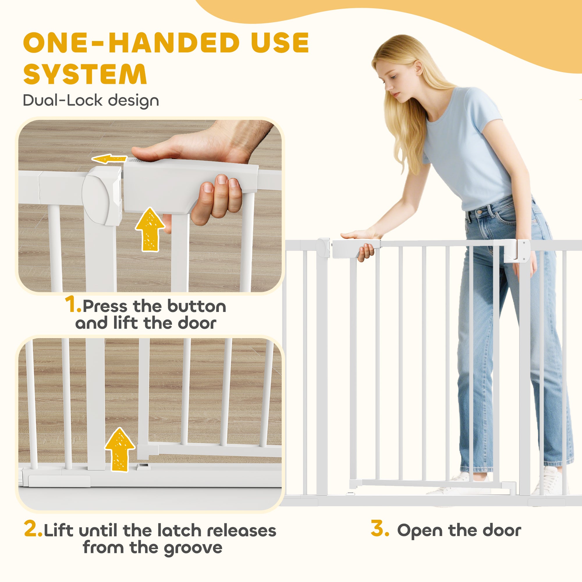 Baby Gate, Pet Safety Gate Pressure Fit, Wide with Two-Way Open, Auto-Close for Stair, Doorways, Hallways, 30"H, White