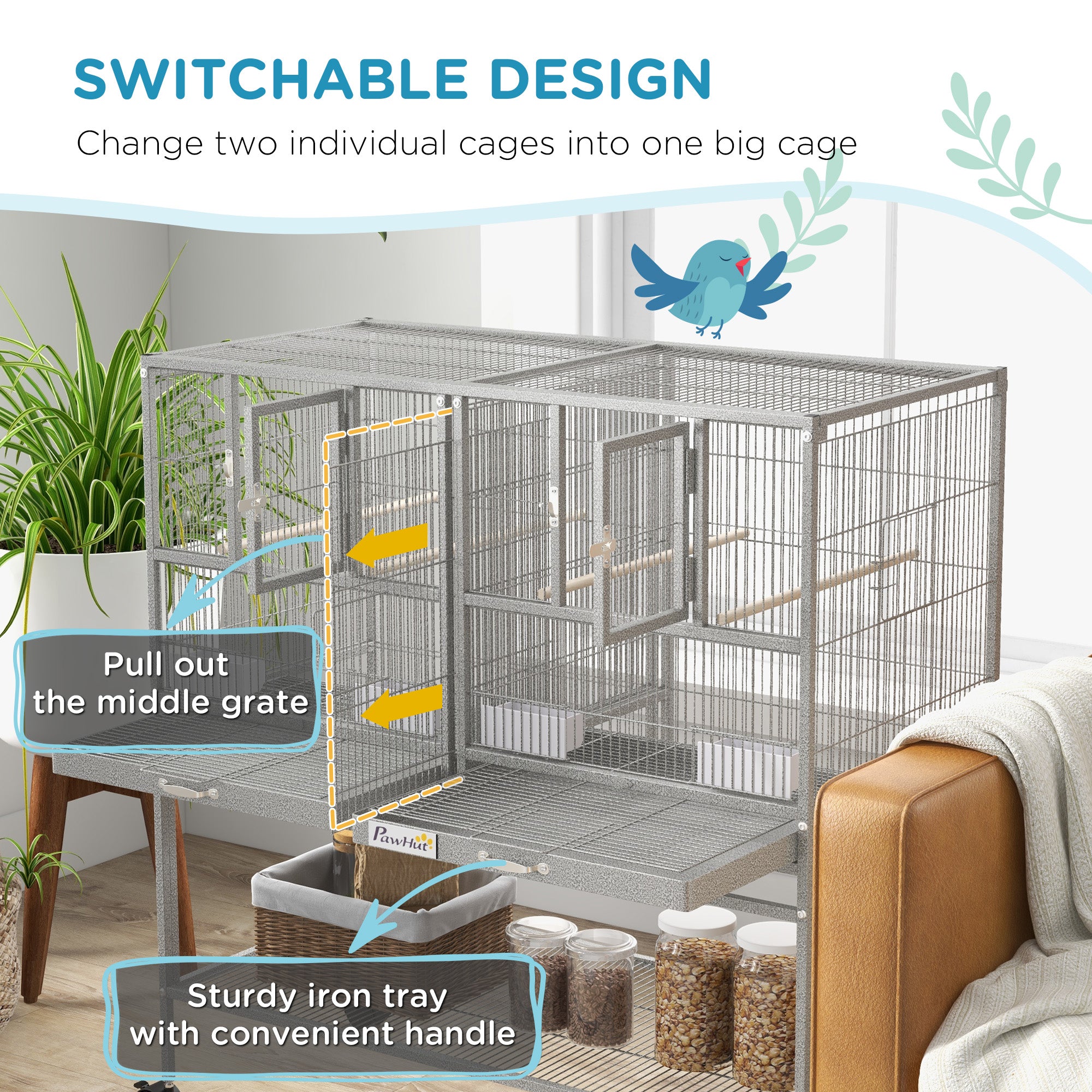 Grande cage à oiseaux métallique double à roulettes avec maison pour oiseaux, plateau amovible et étagère de rangement