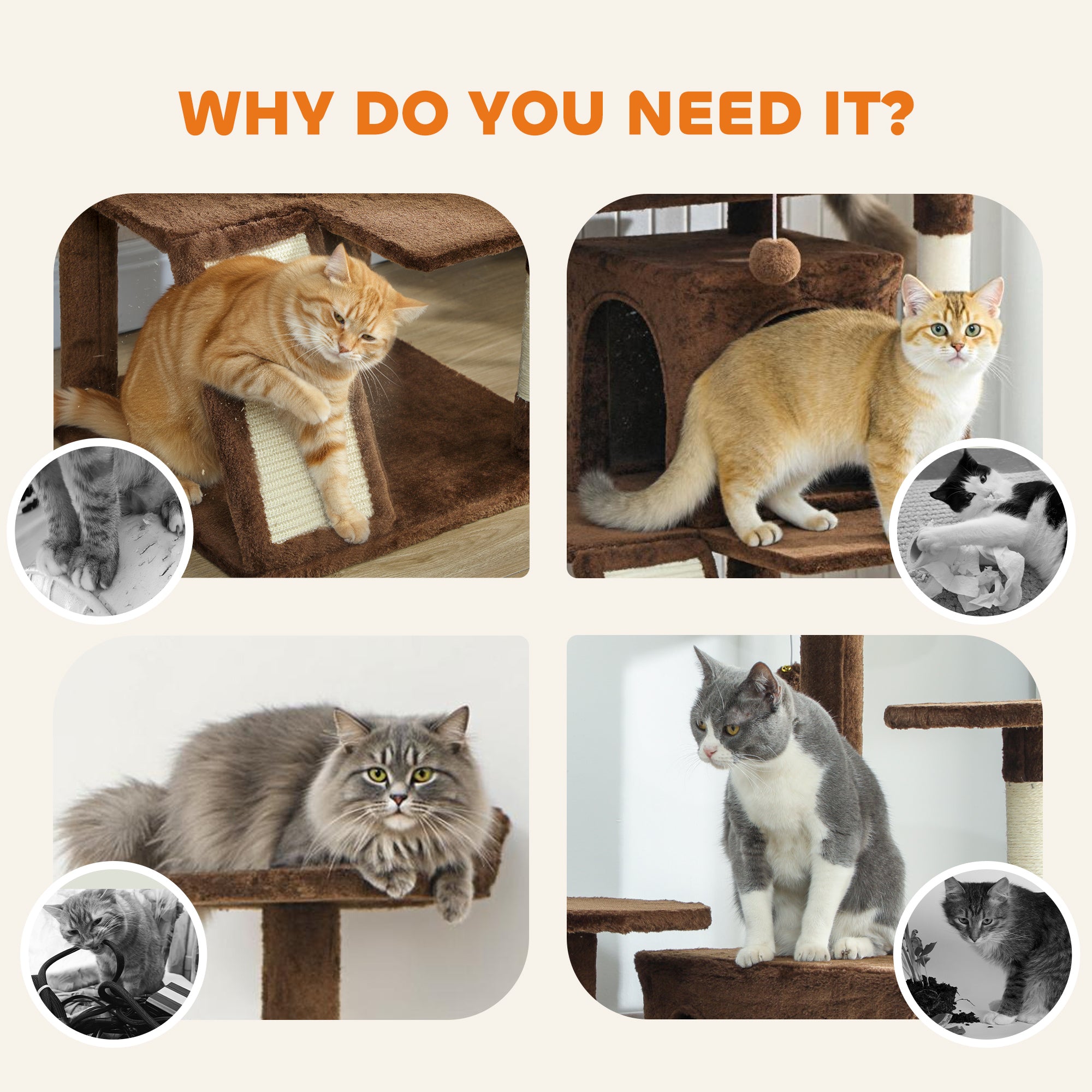 63" Cat Tree, Multi-Level Cat Tower with Scratching Posts, Cat Condos, Bed, Platforms, Ramp, Toy Ball, Light Brown