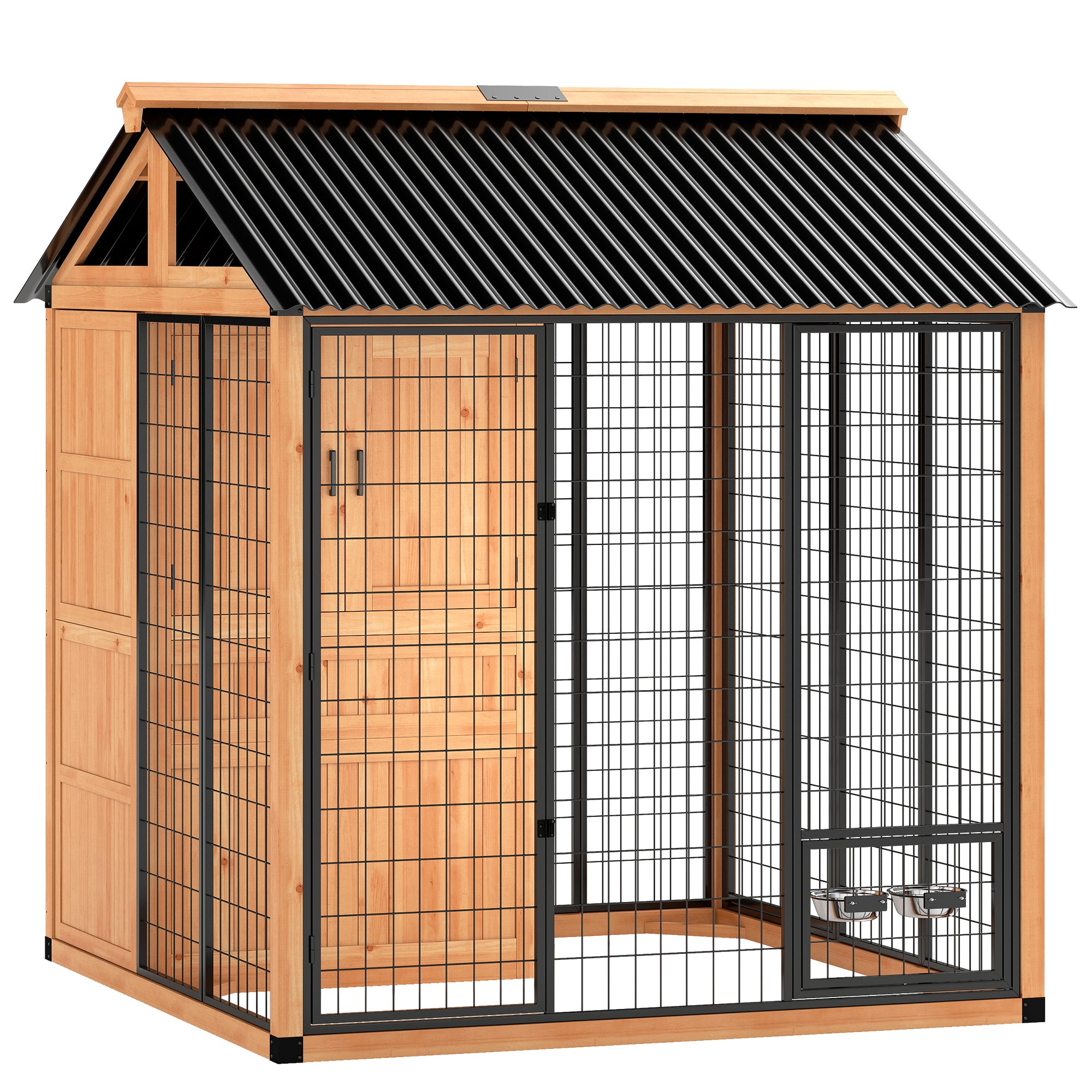 86" L Dog House Outdoor, Wooden Dog Kennel with Storage Cabinet, Stainless Steel Bowls for Large Breeds, Yellow