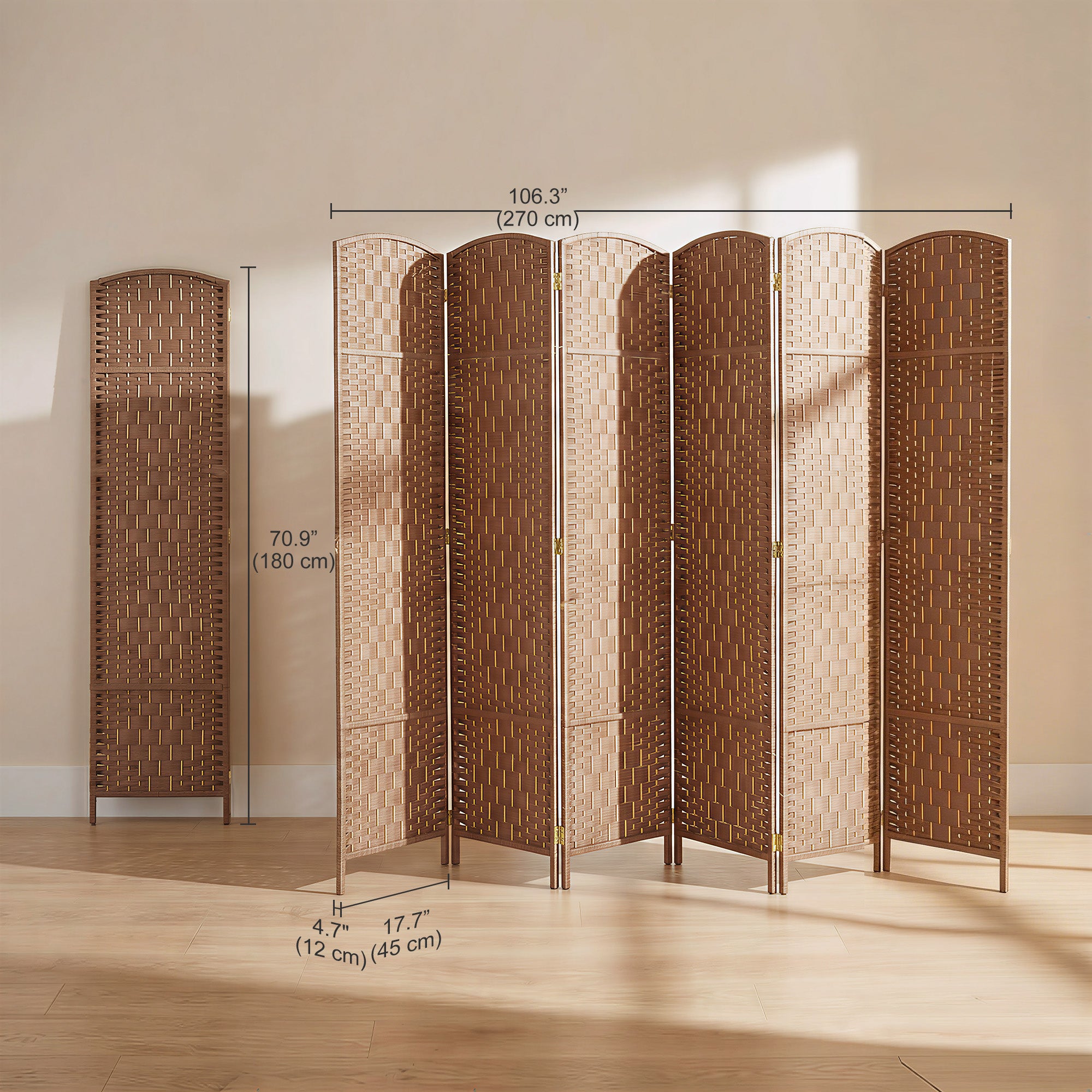 Séparateur de pièce pliant de 6 pieds, cloison murale à 6 panneaux avec cadre en bois pour chambre et bureau à domicile, finition naturelle