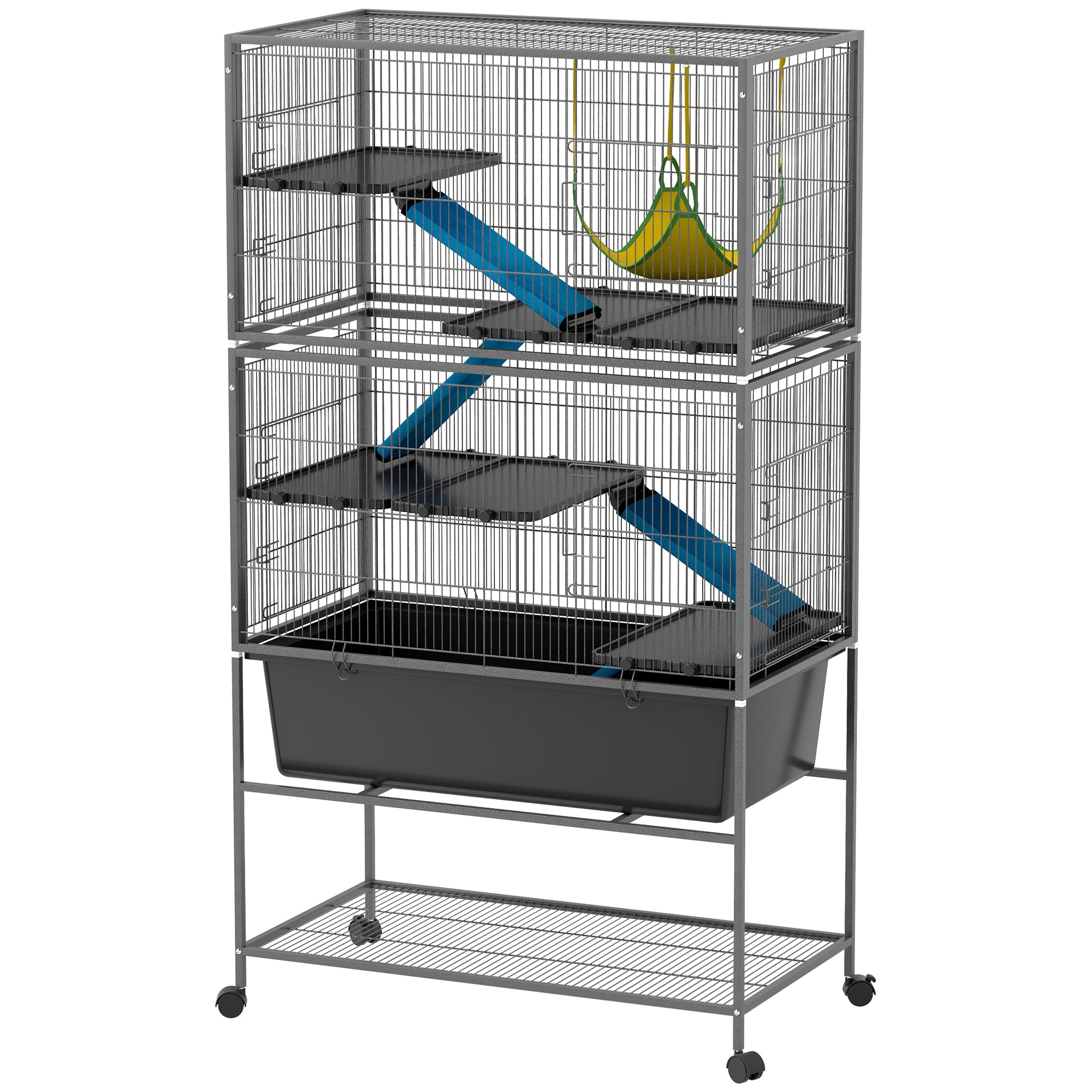59" 5-Level Small Animal Cage, Rolling Ferret Cage with 6.3" Deep Tray, Non-Slip Cloth Covered Ramps, Hammock, Dark Grey
