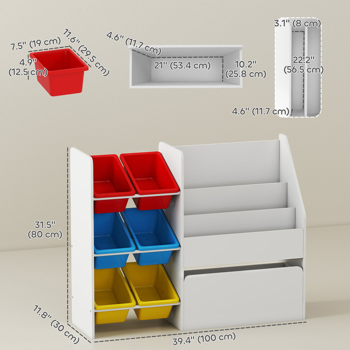 Kids Bookshelf and Toy Storage, 3-Tier Bookcase with 6 Removable Bins and Box for Toddler Nursery Playroom, Multi