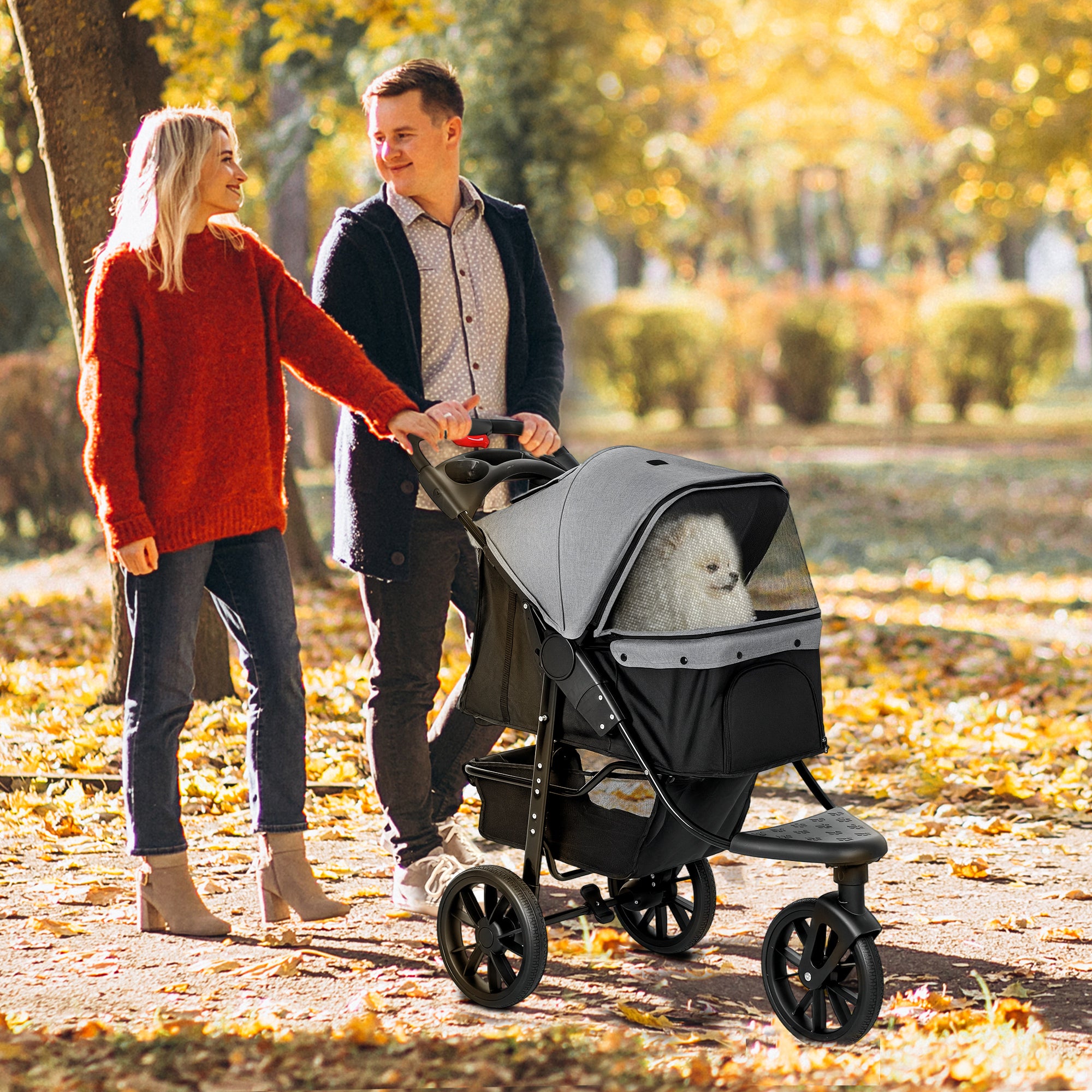 3 Wheel Folding Dog Stroller, Travel Carrier with Adjustable Canopy, Storage Brake, Mesh Window for S&M Dogs Grey