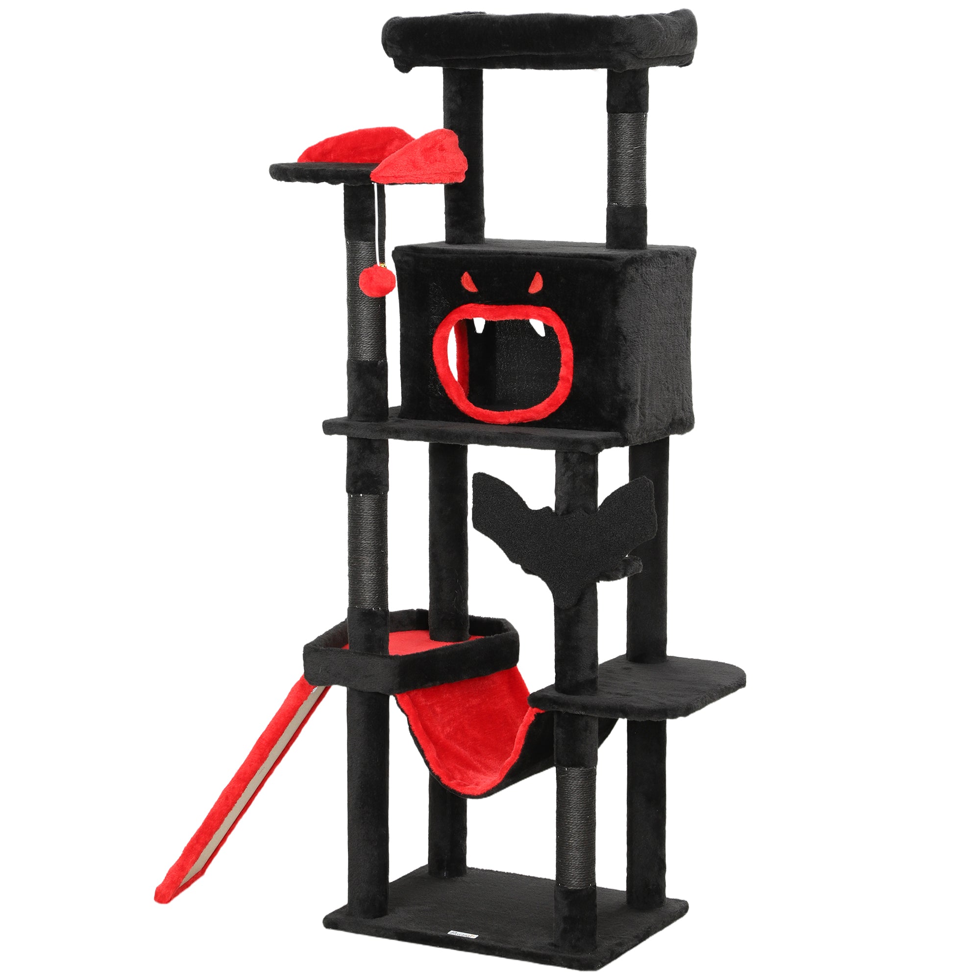 Gothic Cat Tree, 60" Tall Cat Tower with Coffin Bed,  Sisal Scratching Posts & Ramp, Condo, Hammock, Perches, Black