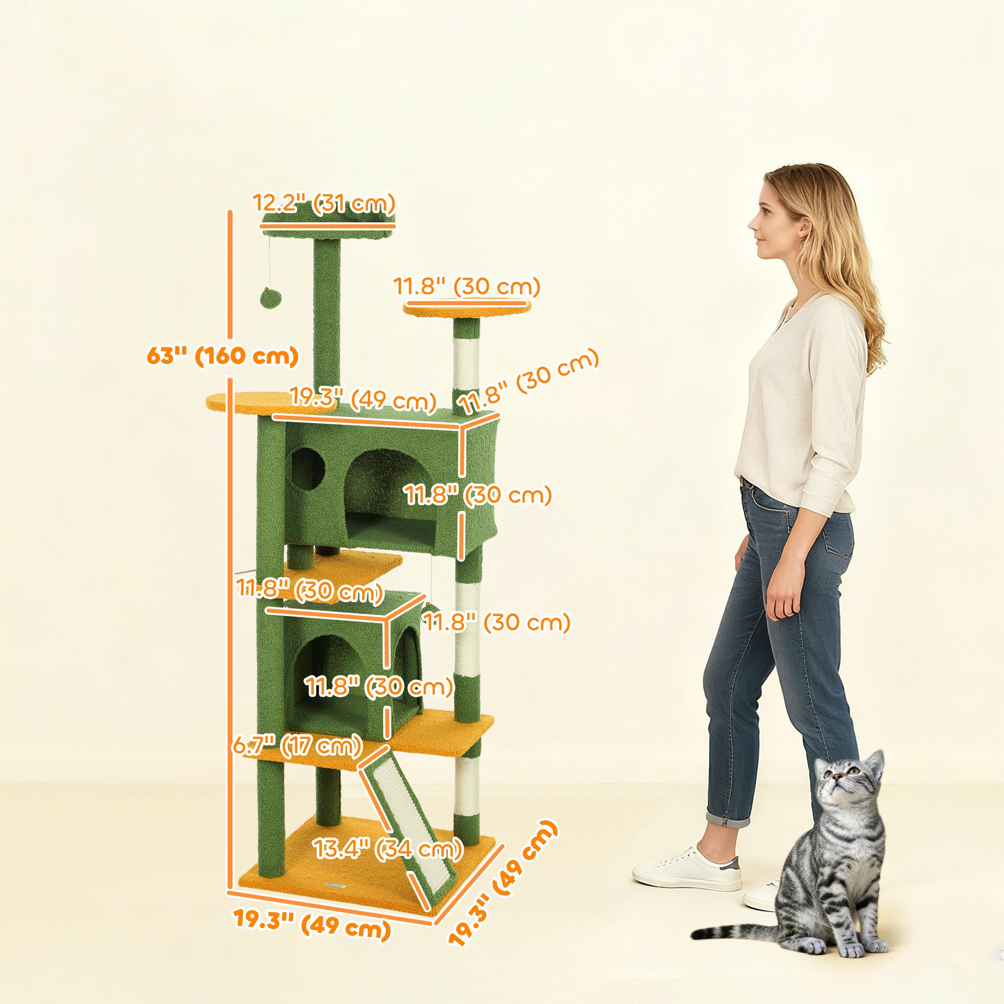 63" Cat Tree, Multi-Level Cat Tower with Scratching Posts, Cat Condos, Bed, Platforms, Ramp, Toy Ball, Green