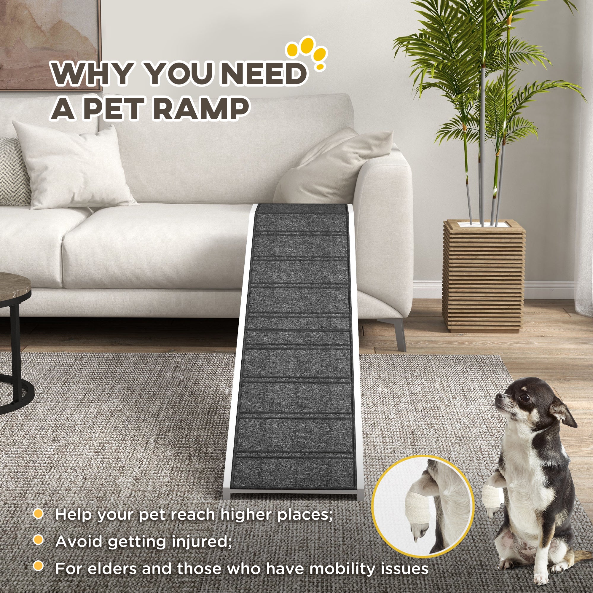 Rampe pour animaux, marches pour lit de chien avec moquette antidérapante, plateforme supérieure, 74" x 16" x 25", blanche