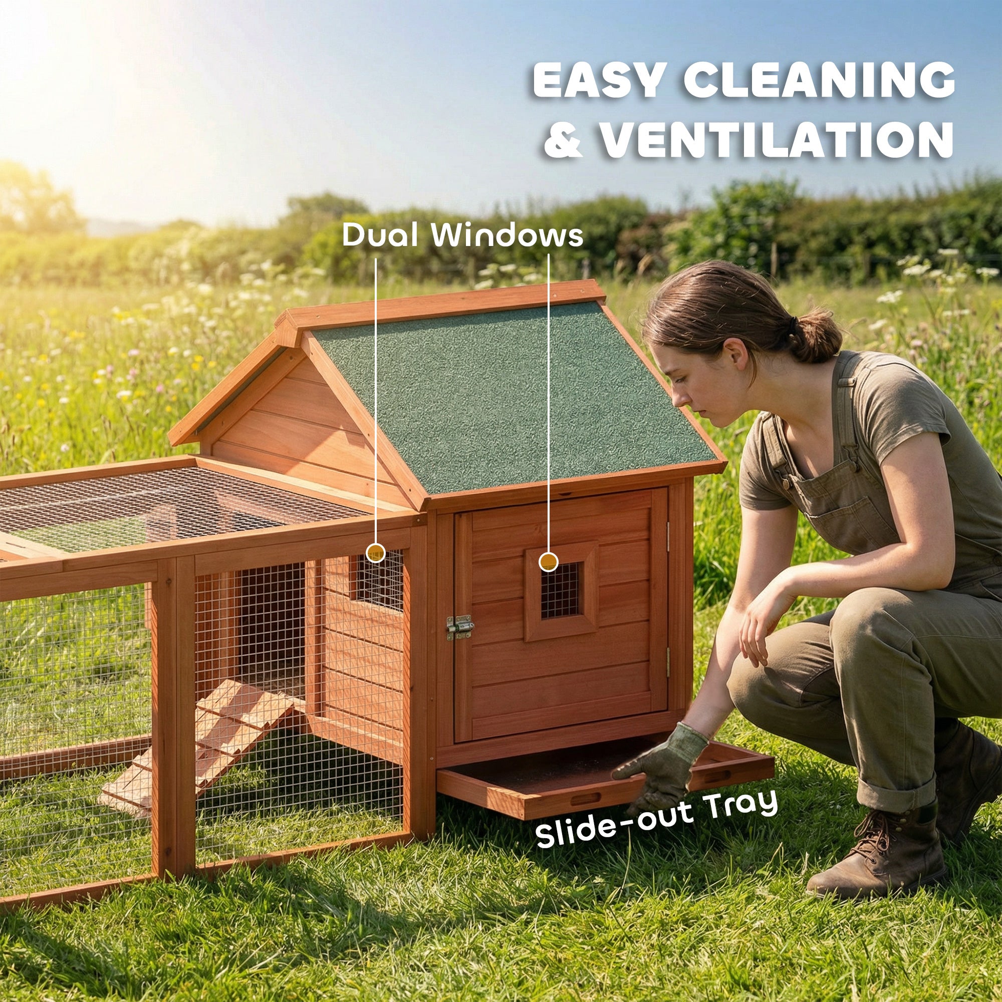 72" Chicken Coop, Wooden Hen House for 2 Chickens, Poultry Cage with Run, Nesting Box, Removable Tray, Waterproof Roof