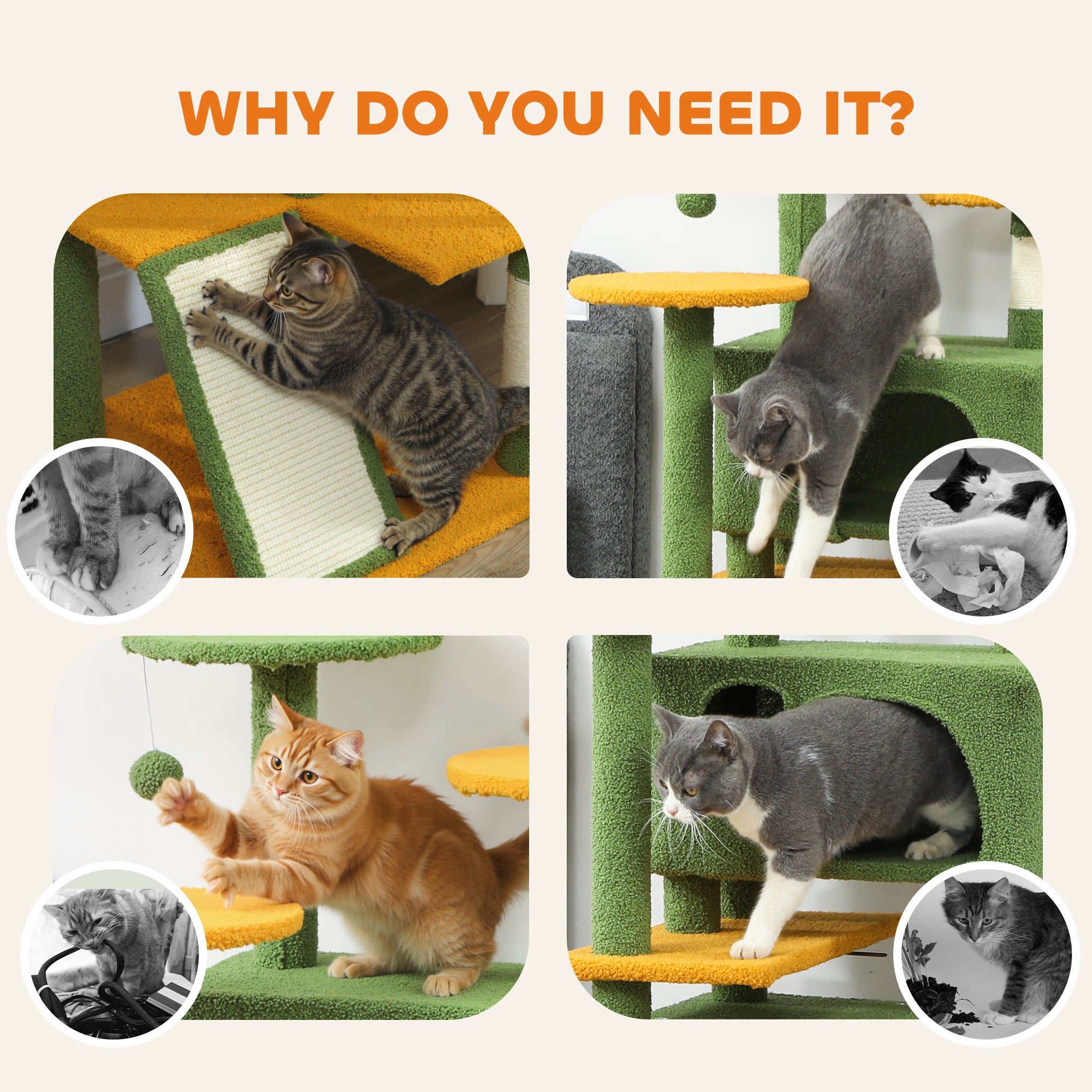 54" Cat Tree, Multi-Level Cat Tower with Scratching Posts, Cat Condos, Bed, Platforms, Ramp, Toy Ball, Green