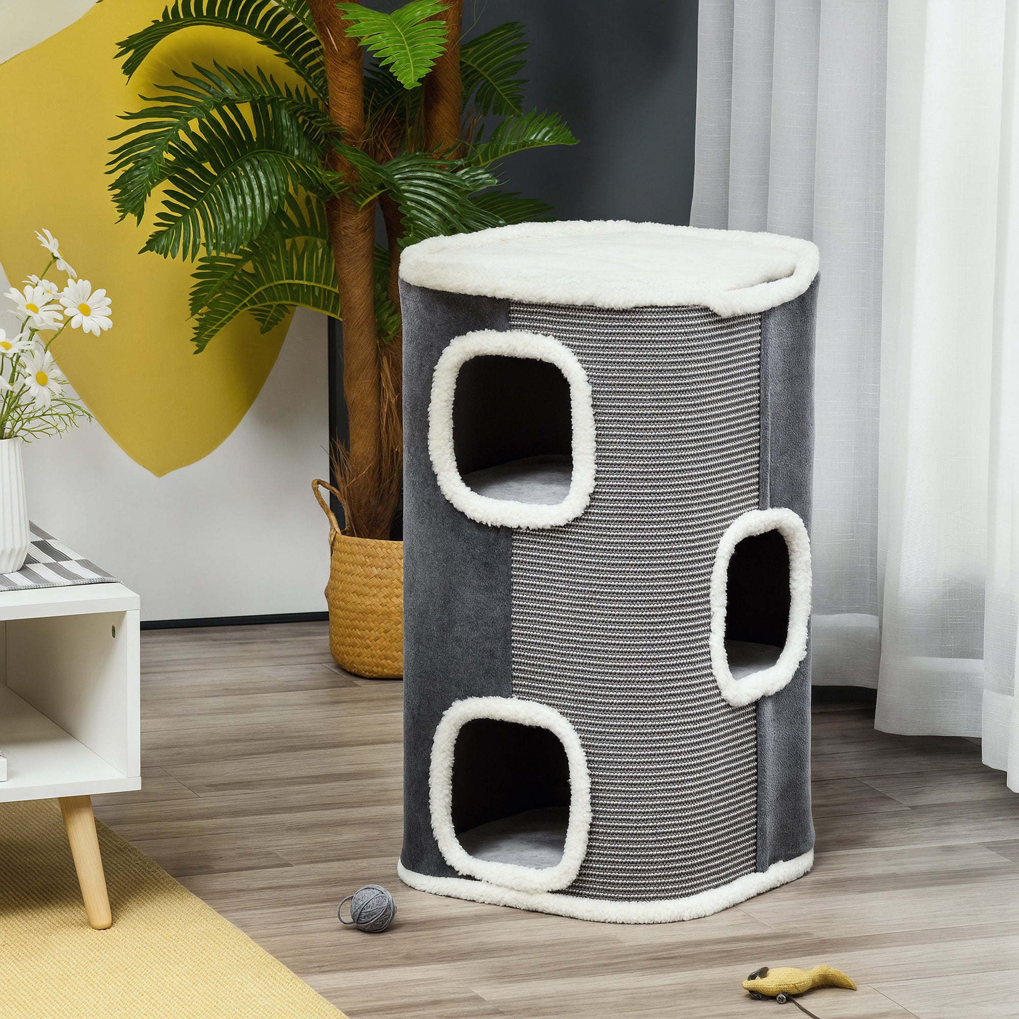 Maison pour chat d’intérieur à 4 niveaux, arbre à chat avec surface à griffer en sisal, coussin amovible, 16" x 16" x 29", gris
