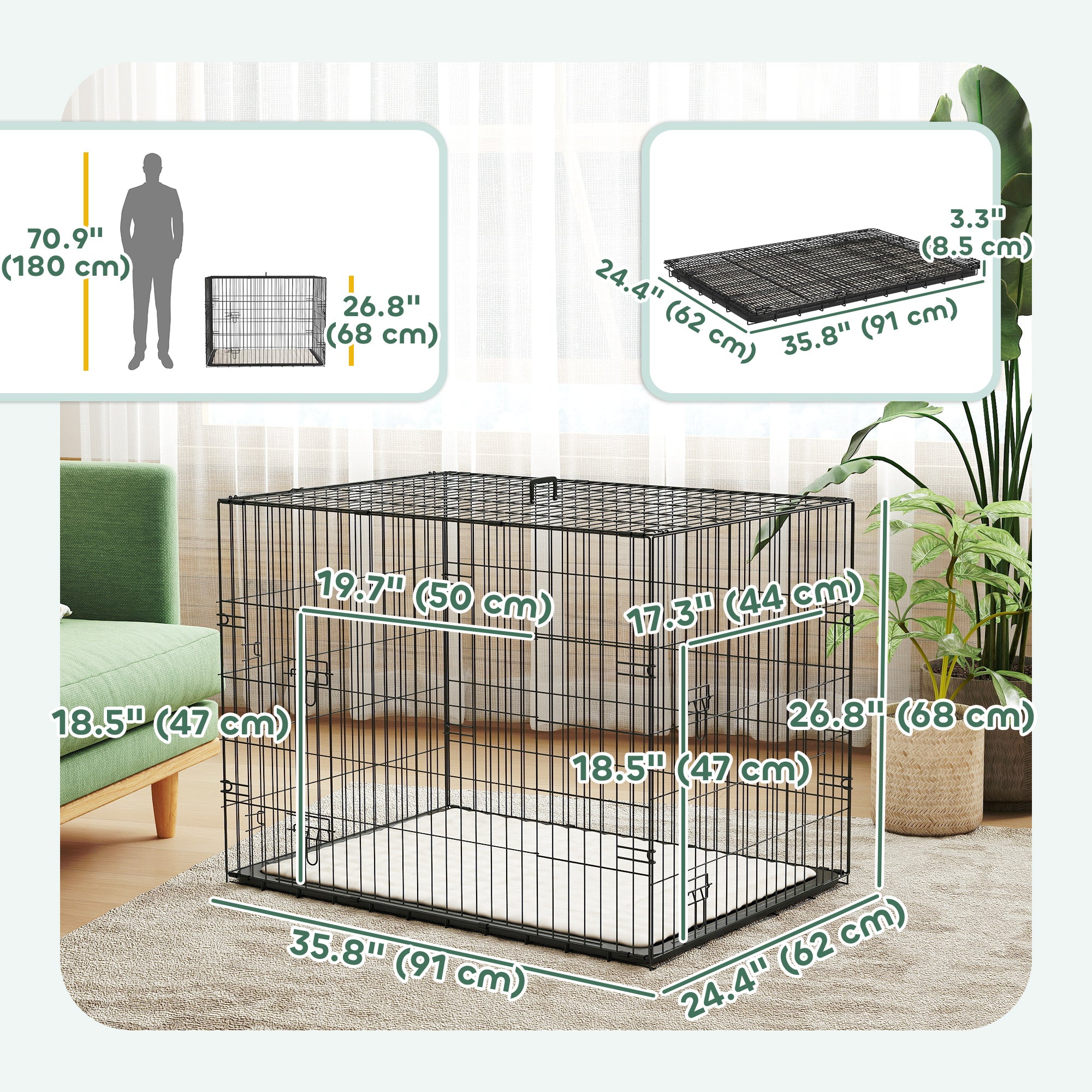 35" Dog Crate with 2 Doors, Folding Metal Dog Cage with Soft Cushion, Removable Tray, Handle, Black