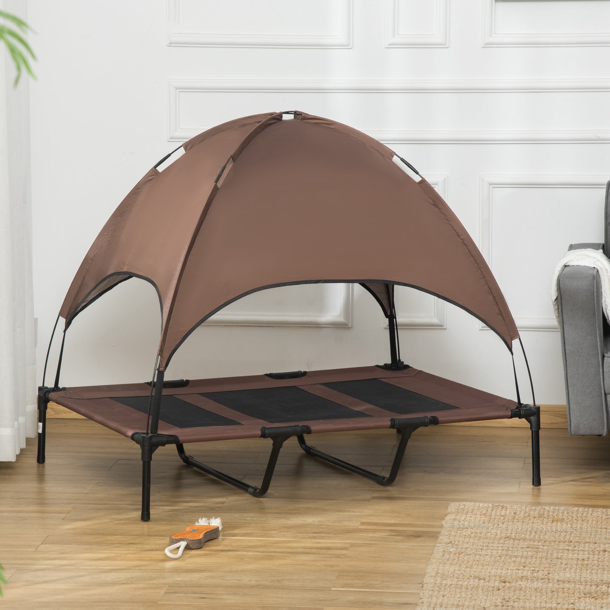 Elevated Dog Bed with Canopy, Portable Raised Dog Cot for XL Sized Dogs, Indoor & Outdoor, 48" x 36" x 43", Coffee
