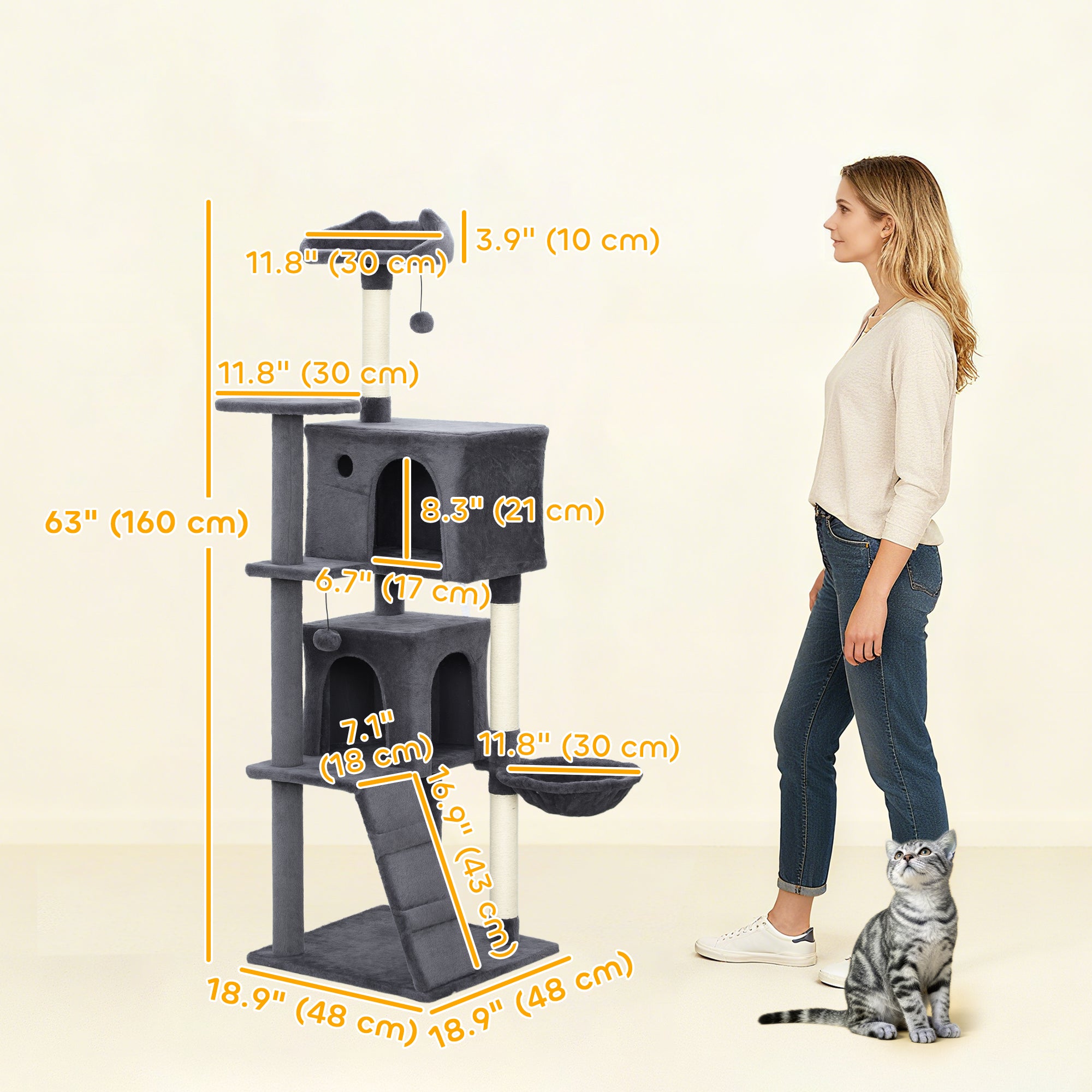 63 Inch Cat Tree with Sisal Scratching Posts, Condos, Plush Perches, Hammock, Ladder, Dangling Balls, Dark Grey