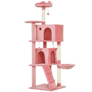 63 Inch Cat Tree with Sisal Scratching Posts, Condos, Plush Perches, Hammock, Ladder, Dangling Balls, Pink