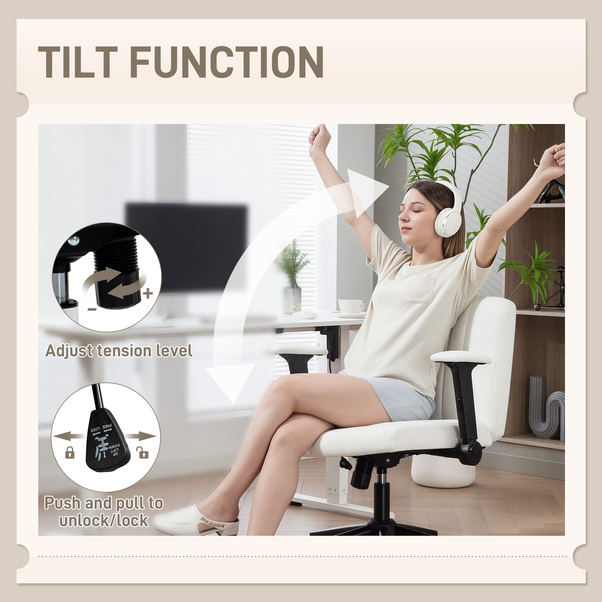 Criss Cross Chair with Flip-up Armrests, Wheels, Wide Office Chair with Adjustable Height, Tilting, Cream White-Office Products > Office Furniture > Office Chairs > Task Chairs-DECOROLALA