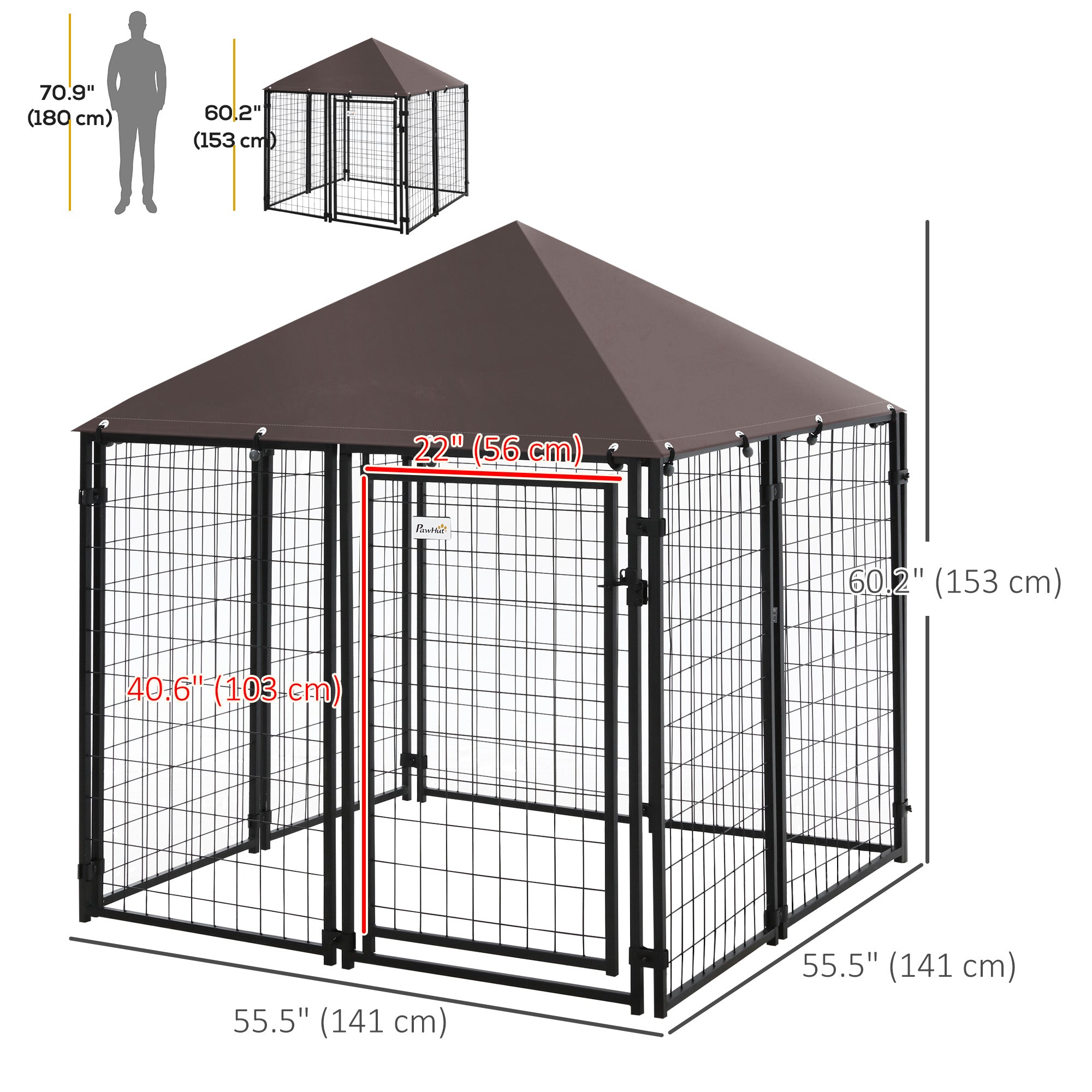 Chenil extérieur pour chien, clôture en acier à grillage soudé, parc cage pour animaux verrouillable, avec toit en toile résistant à l’eau et aux UV, porte, 4,6 ft x 4,6 ft x 5 ft, noir