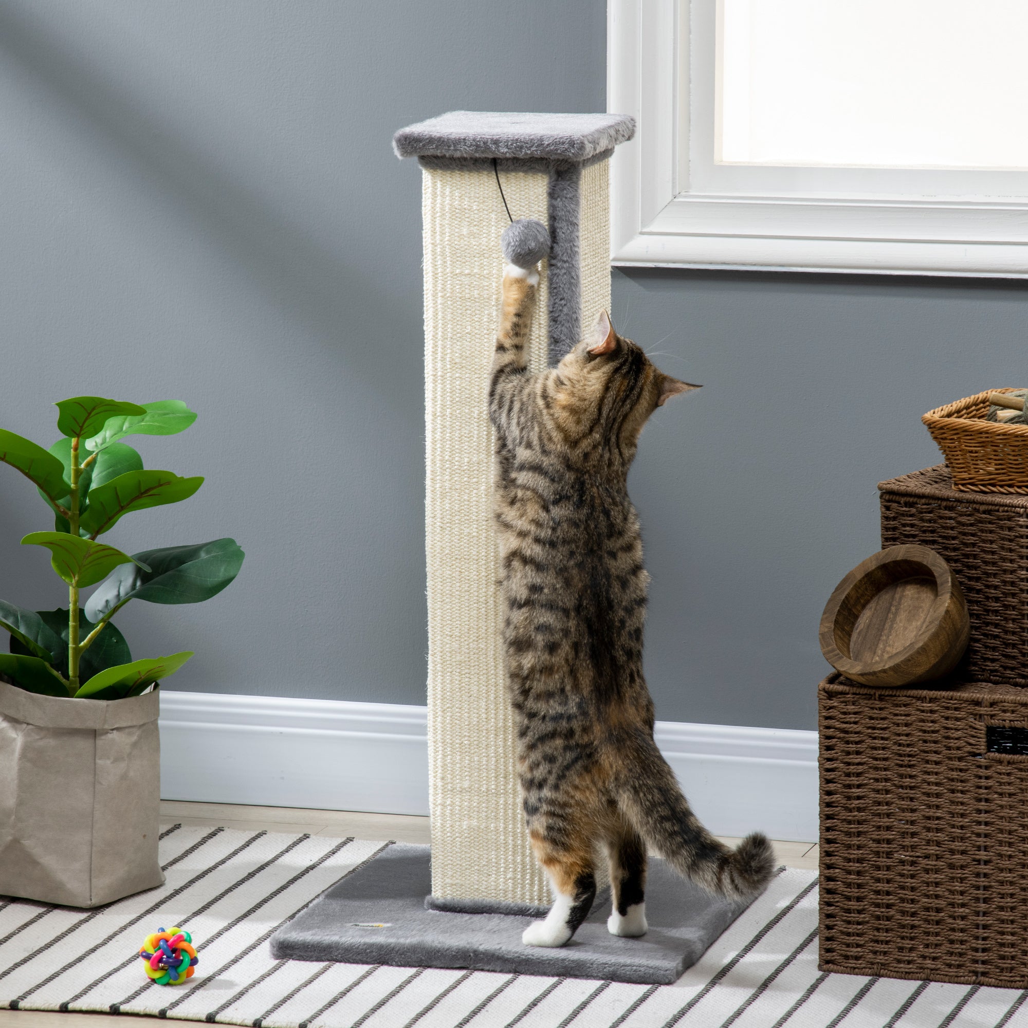 32" Tall Cat Scratching Post for Indoor Cats and Kittens, Sisal Cat Scratcher with Hanging Ball Soft Plush, Grey