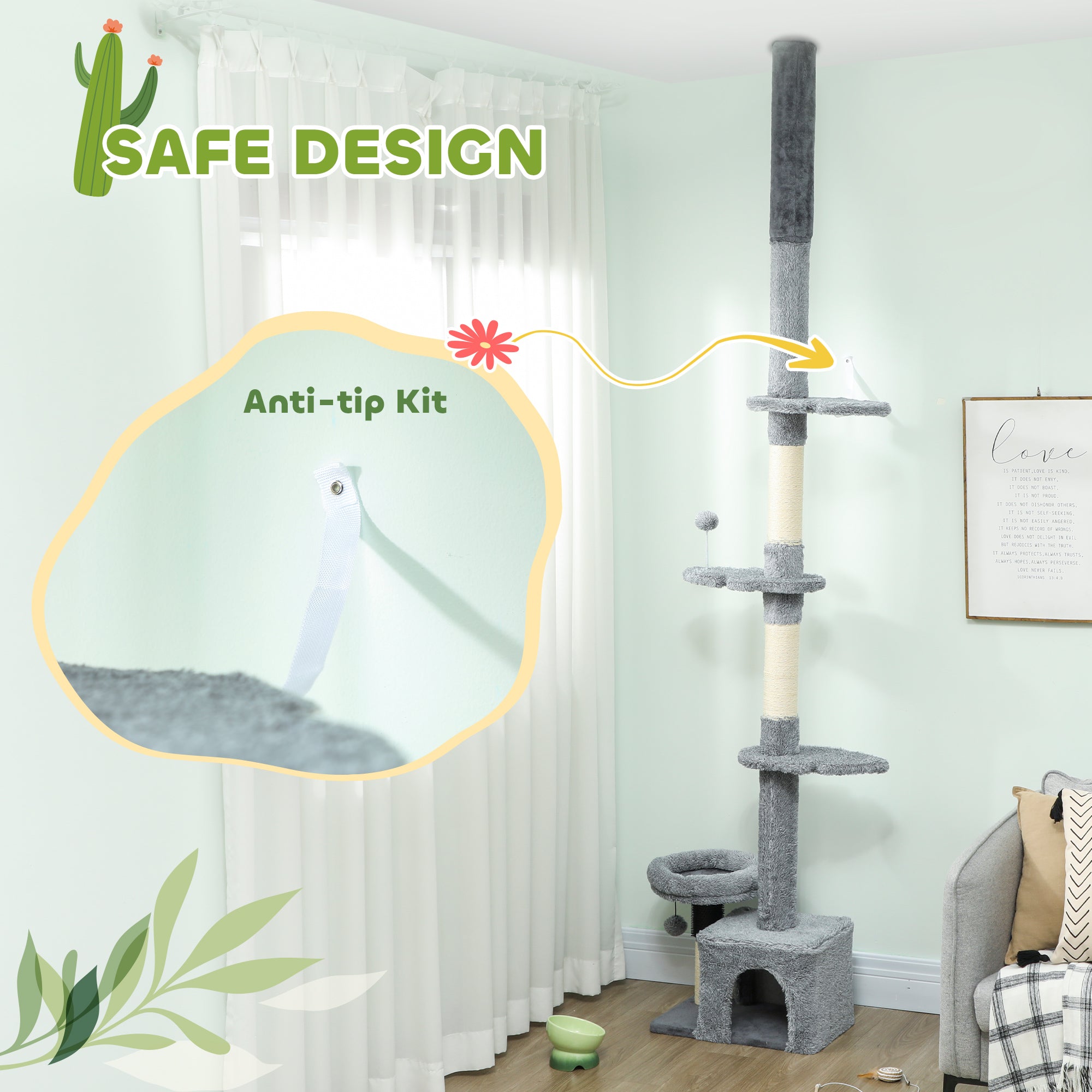 Floor to Ceiling Cat Tree, 4 Tiers Tall Kitty Climbing Tower with Scratching Post, Adjustable Height 87-100"