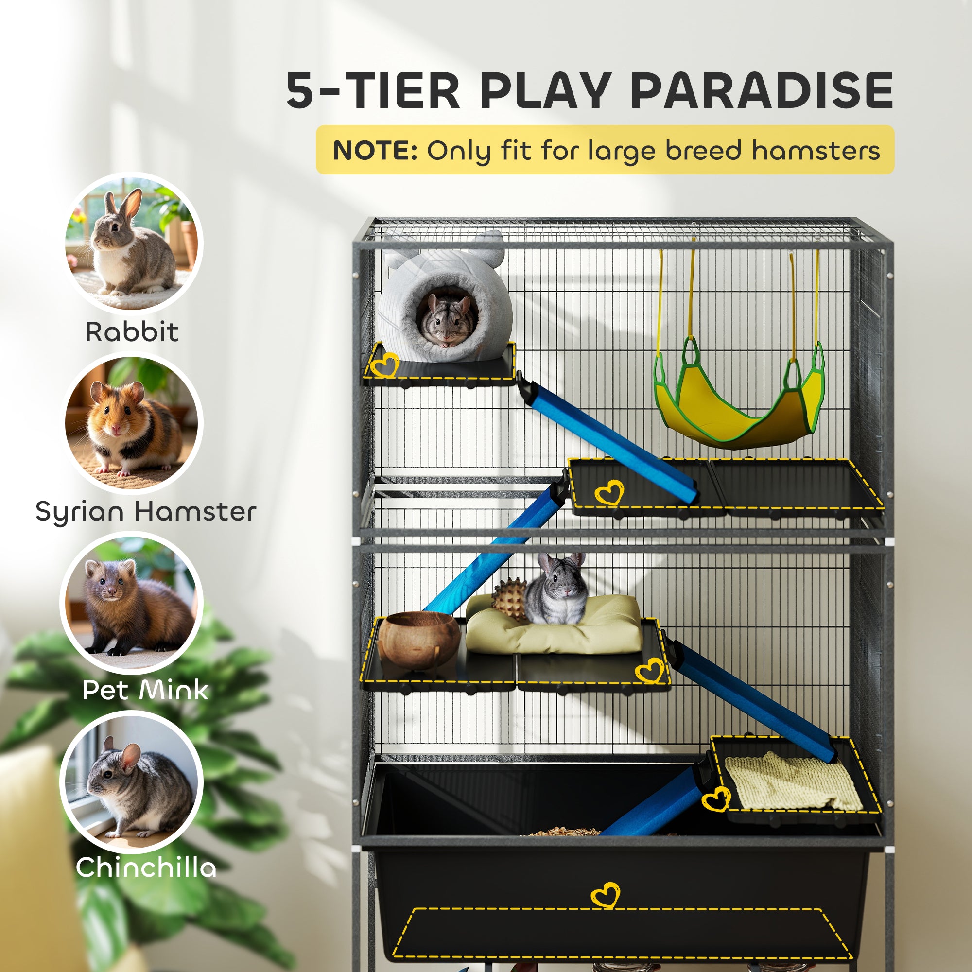 59" 5-Level Small Animal Cage, Rolling Ferret Cage with 6.3" Deep Tray, Non-Slip Cloth Covered Ramps, Hammock, Dark Grey
