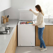 Mini-congélateur, congélateur coffre de 3,5 pi³ avec thermostat réglable à 5 positions, panier métallique, fonctionnement silencieux, blanc