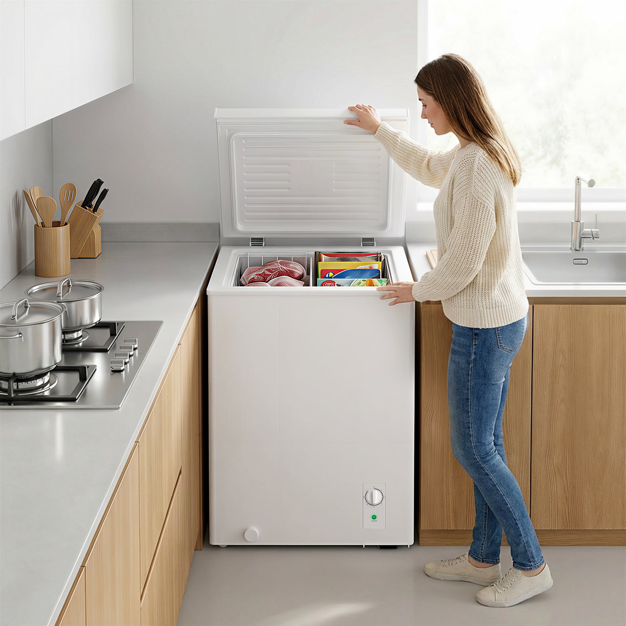 Mini-congélateur, congélateur coffre de 3,5 pi³ avec thermostat réglable à 5 positions, panier métallique, fonctionnement silencieux, blanc