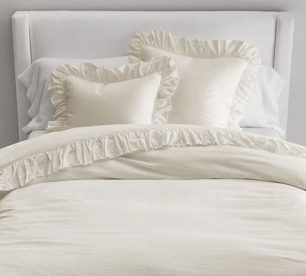 Ivory - 100% Pure Linen | Linen Cotton Mix | 3 Piece Ruffle Duvet Cover Set | Handmade | Pre-washed | Soft-0