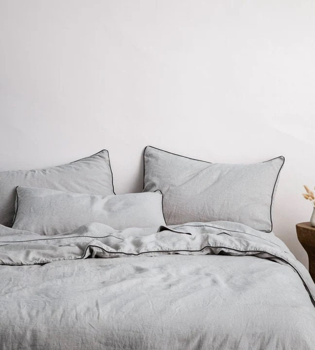 Light Grey with Black Piping -  100% Pure Linen or Linen Cotton | 3 Piece Piped Duvet Cover Set | Handmade | Pre-washed-0