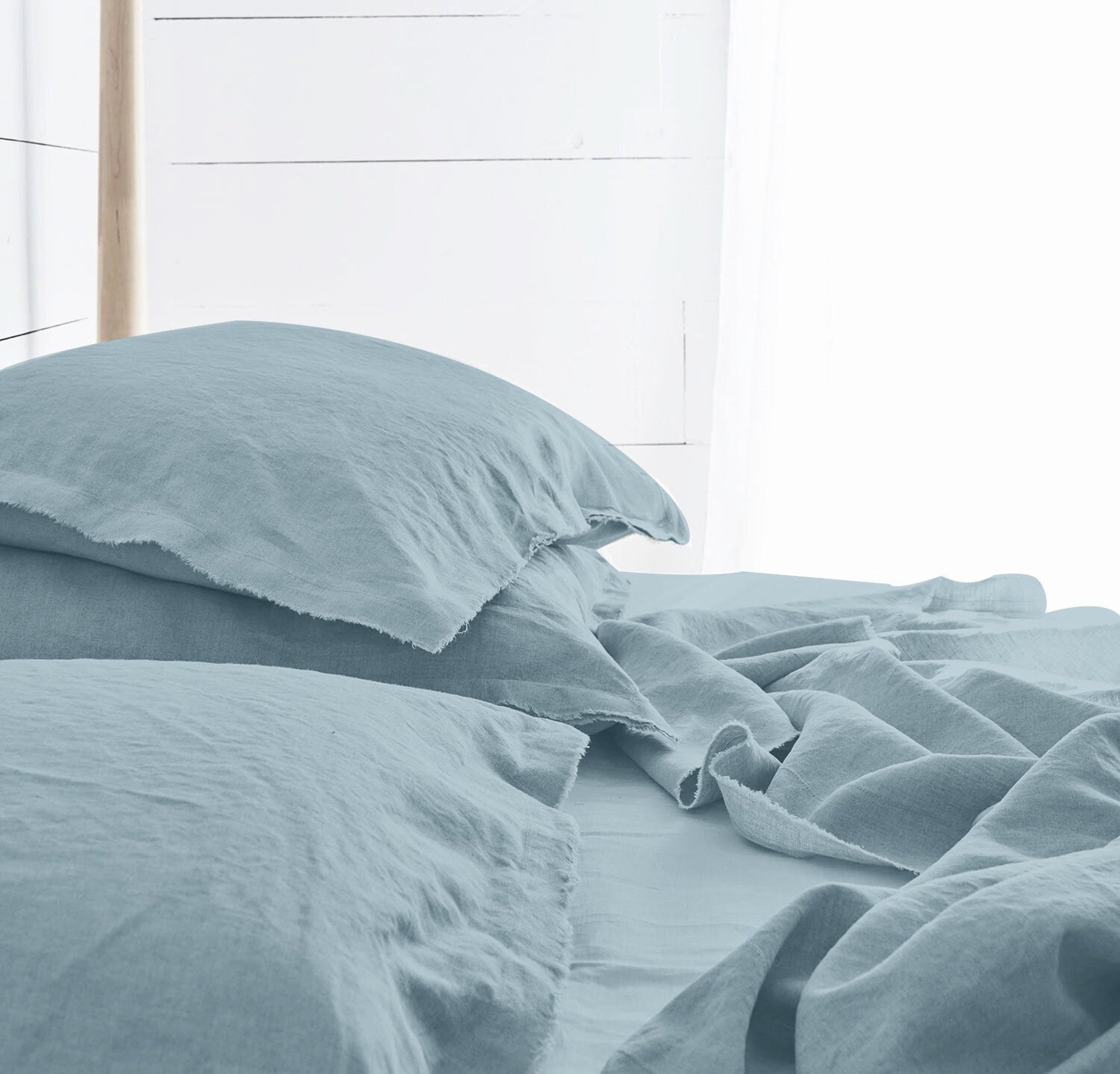 Raw Edged Sky Blue - 100% Pure Linen | Linen Cotton Mix | 3 Piece Duvet Cover Set | 4 Piece Sheet Set | Handmade | Pre-washed | Soft-0