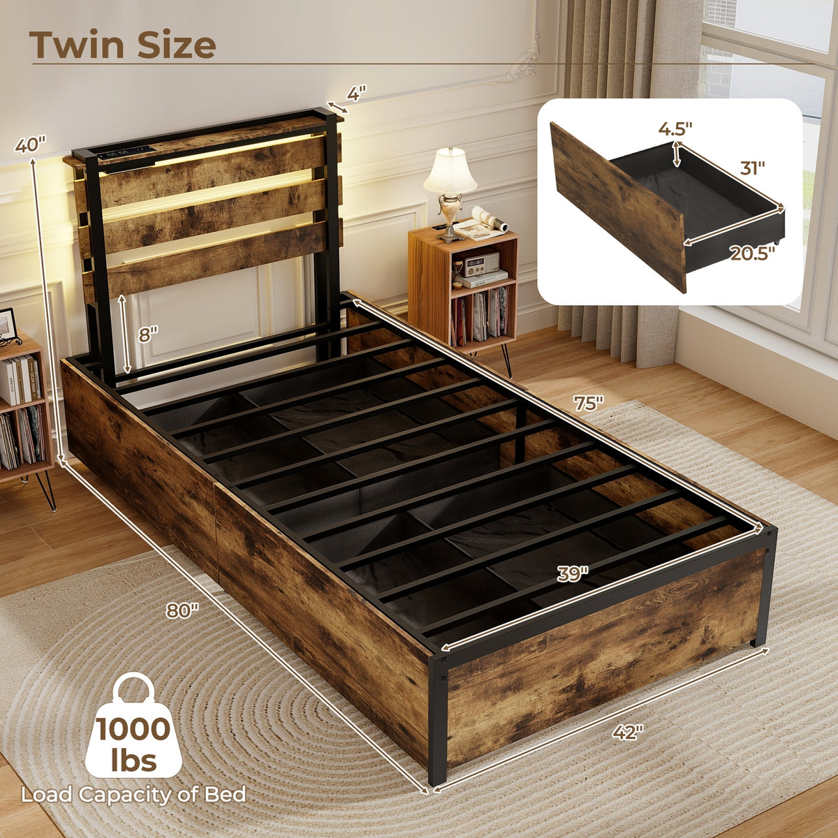 Bed Frame with Drawers LED Lights and USB Ports-Simple Bed Frame-DECOROLALA