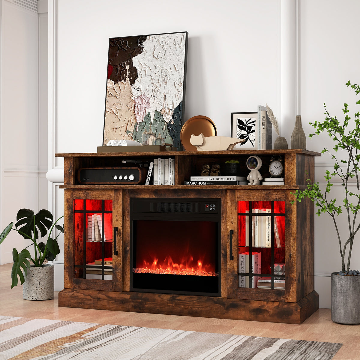 TV Stand with Electric Fireplace LED Lights and Remote Controls for TVs Up to 40 Inch-Rustic Brown-Entertainment Centers & TV Stands-DECOROLALA