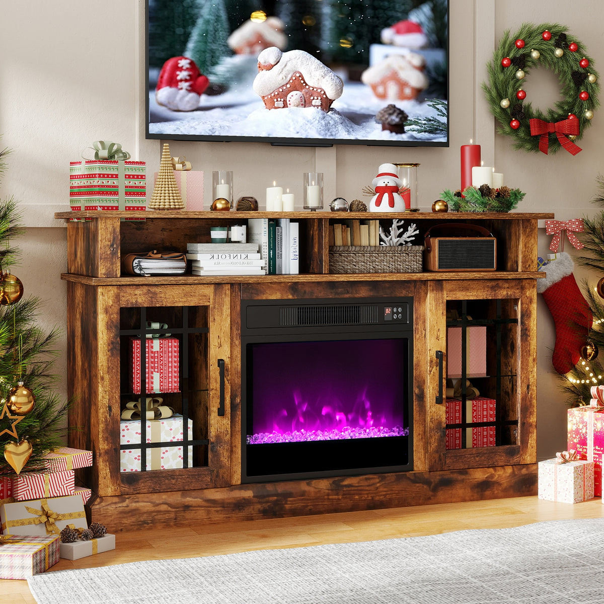TV Stand with Electric Fireplace LED Lights and Remote Controls for TVs Up to 40 Inch-Rustic Brown-Entertainment Centers & TV Stands-DECOROLALA