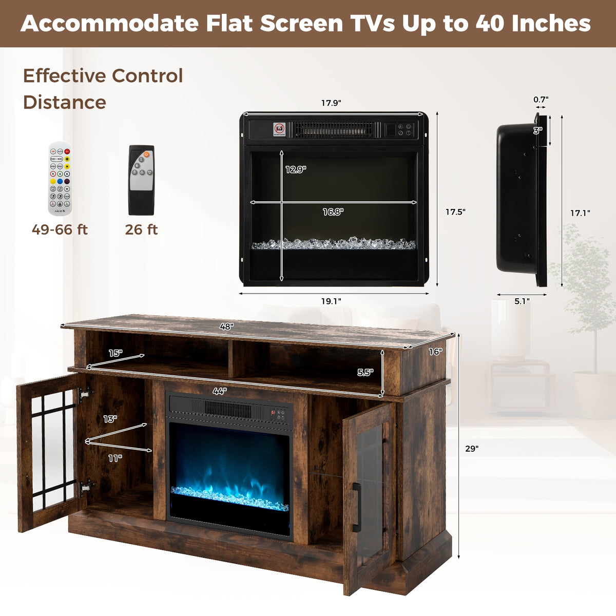 TV Stand with Electric Fireplace LED Lights and Remote Controls for TVs Up to 40 Inch-Rustic Brown-Entertainment Centers & TV Stands-DECOROLALA