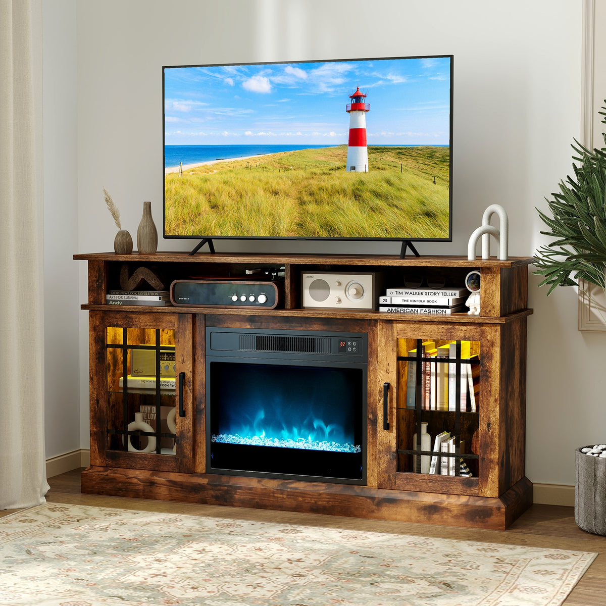 TV Stand with Electric Fireplace LED Lights and Remote Controls for TVs Up to 40 Inch-Rustic Brown-Entertainment Centers & TV Stands-DECOROLALA