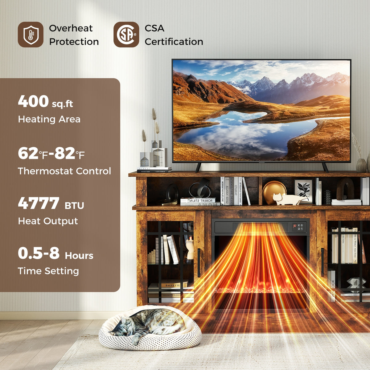 TV Stand with Electric Fireplace LED Lights and Remote Controls for TVs Up to 40 Inch-Rustic Brown-Entertainment Centers & TV Stands-DECOROLALA