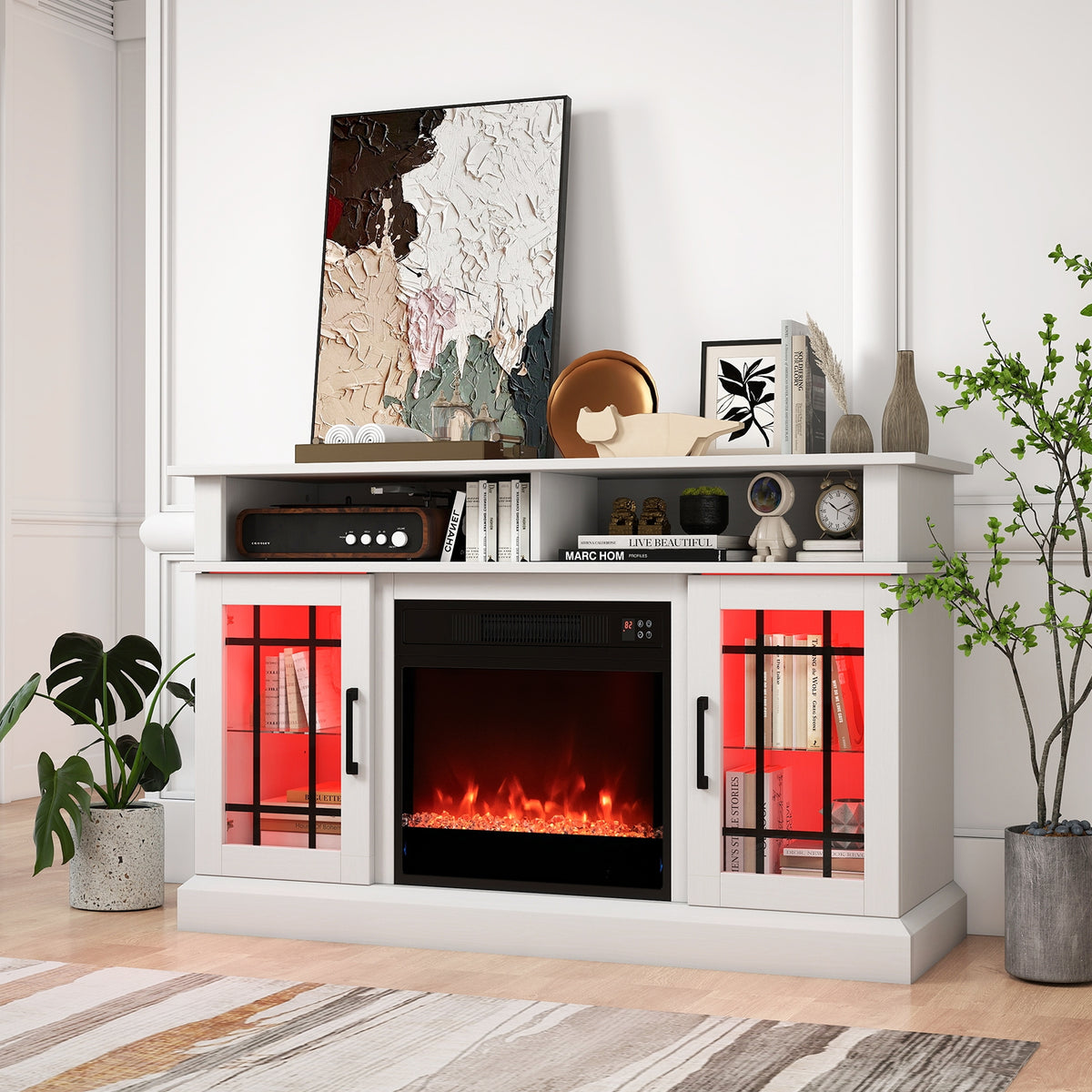 TV Stand with Electric Fireplace LED Lights and Remote Controls for TVs Up to 40 Inch-White-Entertainment Centers & TV Stands-DECOROLALA