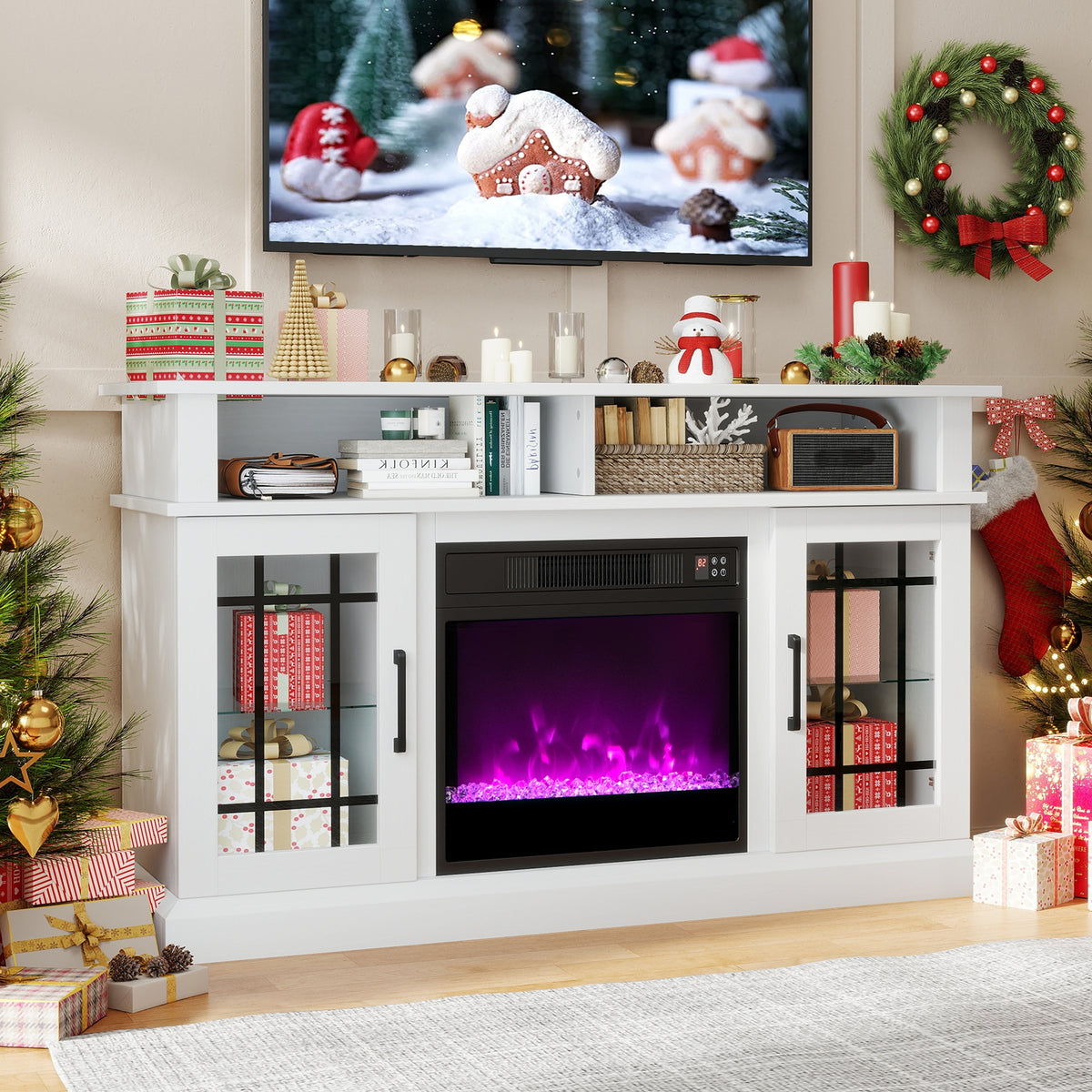 TV Stand with Electric Fireplace LED Lights and Remote Controls for TVs Up to 40 Inch-White-Entertainment Centers & TV Stands-DECOROLALA