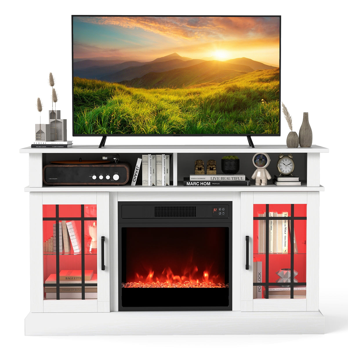 TV Stand with Electric Fireplace LED Lights and Remote Controls for TVs Up to 40 Inch-White-Entertainment Centers & TV Stands-DECOROLALA