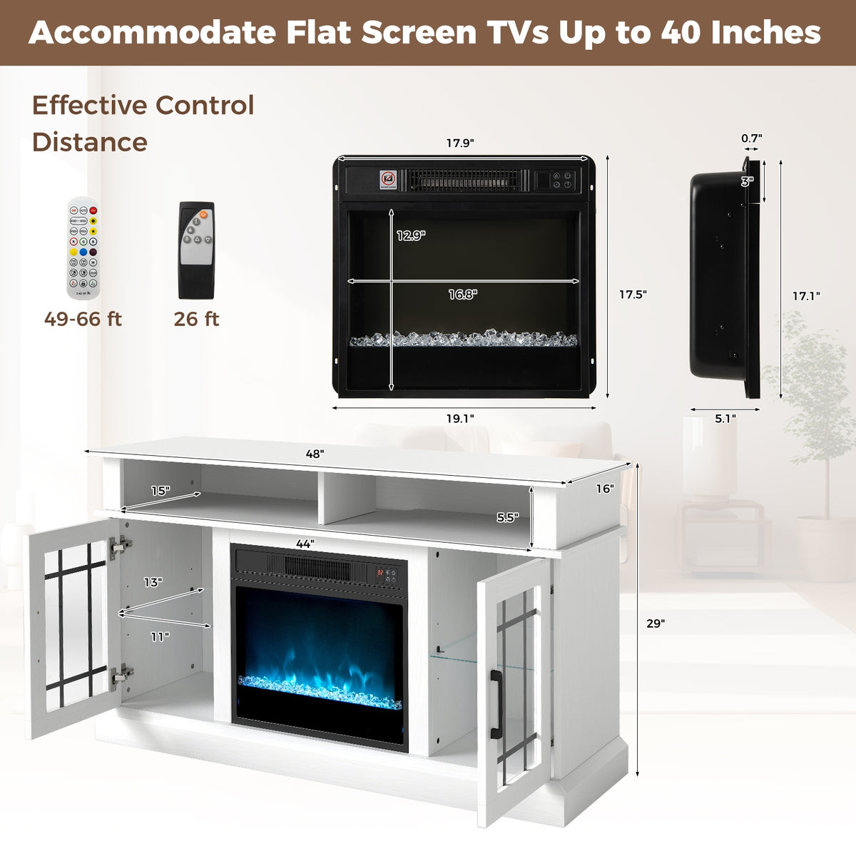 TV Stand with Electric Fireplace LED Lights and Remote Controls for TVs Up to 40 Inch-White-Entertainment Centers & TV Stands-DECOROLALA