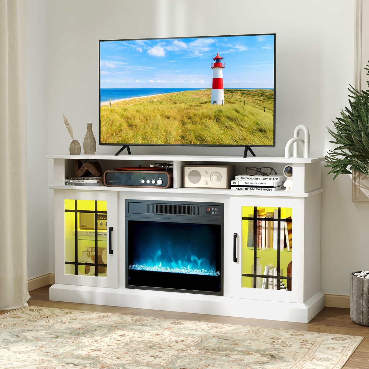 TV Stand with Electric Fireplace LED Lights and Remote Controls for TVs Up to 40 Inch-White-Entertainment Centers & TV Stands-DECOROLALA