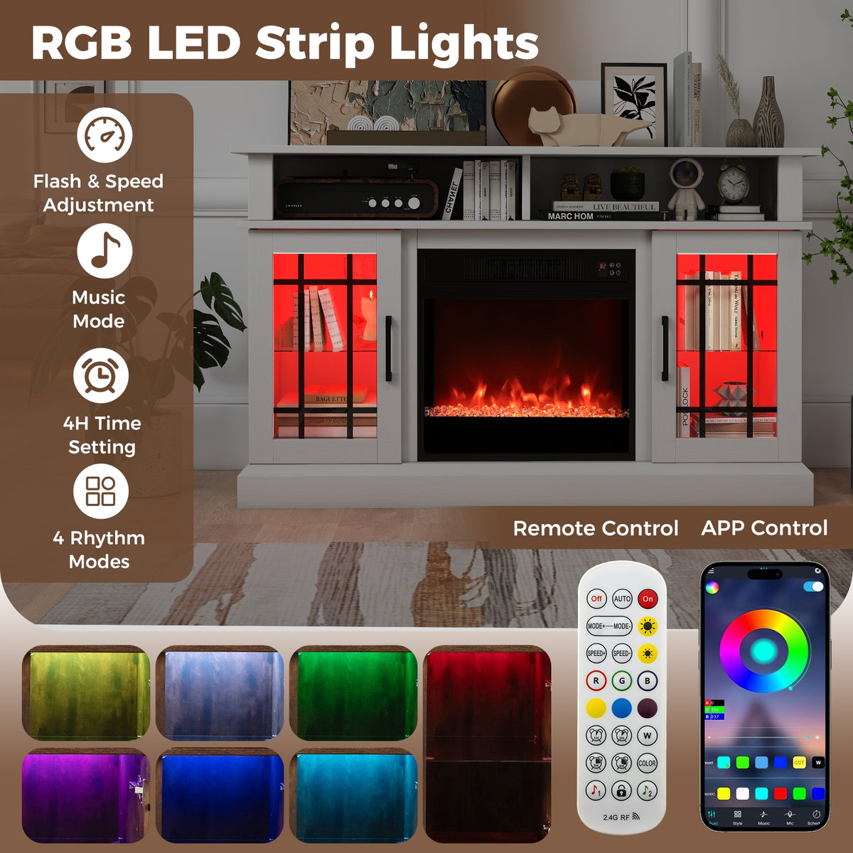 TV Stand with Electric Fireplace LED Lights and Remote Controls for TVs Up to 40 Inch-White-Entertainment Centers & TV Stands-DECOROLALA