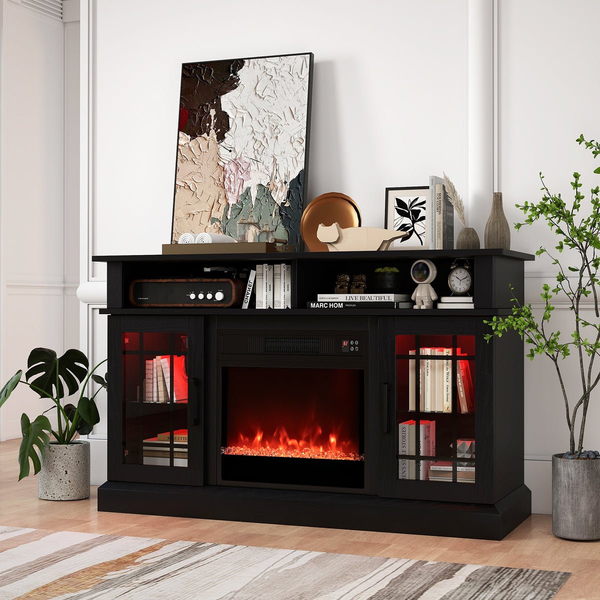 TV Stand with Electric Fireplace LED Lights and Remote Controls for TVs Up to 40 Inch-Black-Entertainment Centers & TV Stands-DECOROLALA