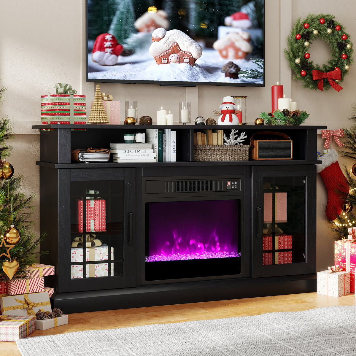 TV Stand with Electric Fireplace LED Lights and Remote Controls for TVs Up to 40 Inch-Black-Entertainment Centers & TV Stands-DECOROLALA