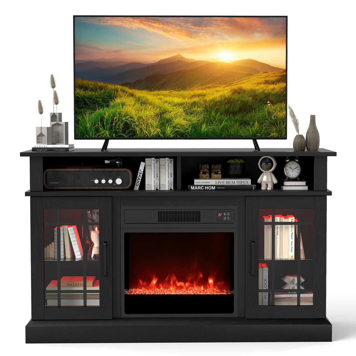 TV Stand with Electric Fireplace LED Lights and Remote Controls for TVs Up to 40 Inch-Black-Entertainment Centers & TV Stands-DECOROLALA
