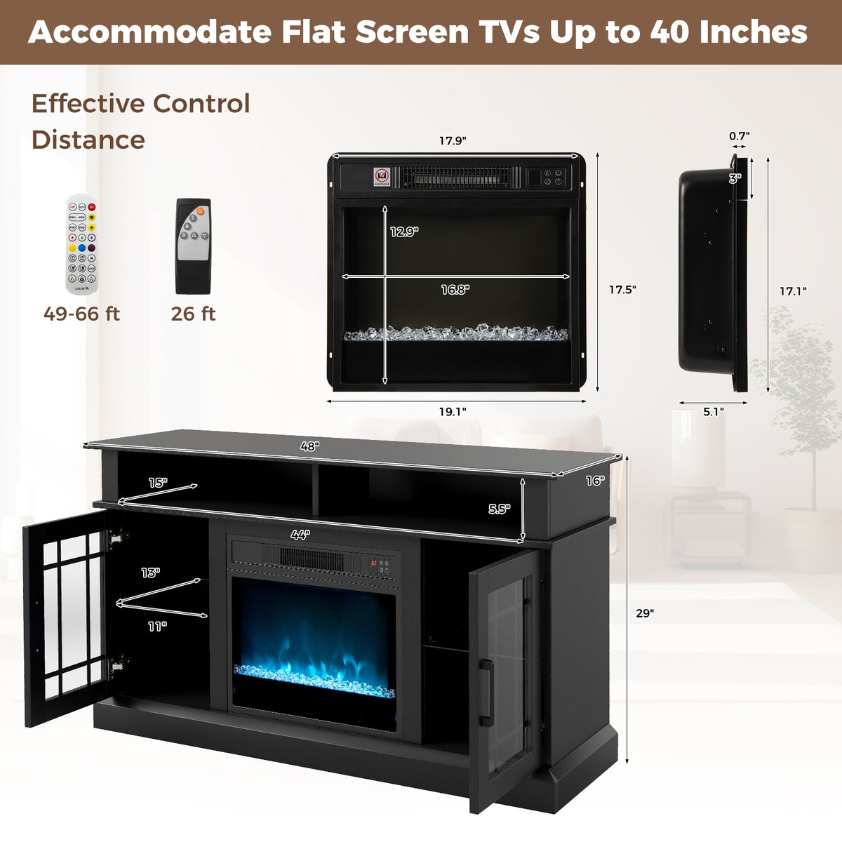TV Stand with Electric Fireplace LED Lights and Remote Controls for TVs Up to 40 Inch-Black-Entertainment Centers & TV Stands-DECOROLALA