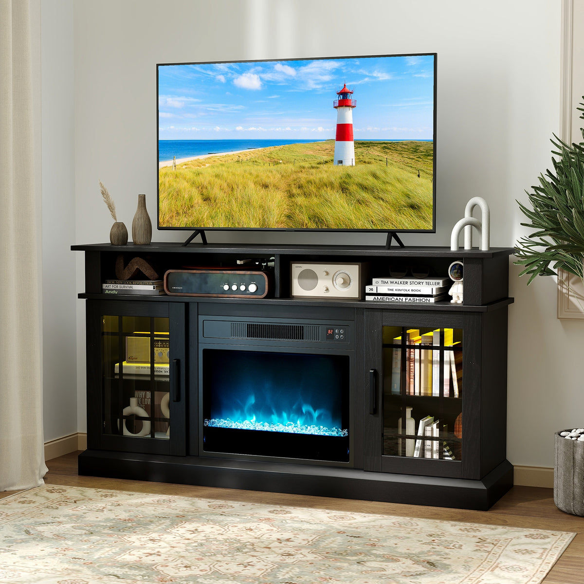 TV Stand with Electric Fireplace LED Lights and Remote Controls for TVs Up to 40 Inch-Black-Entertainment Centers & TV Stands-DECOROLALA