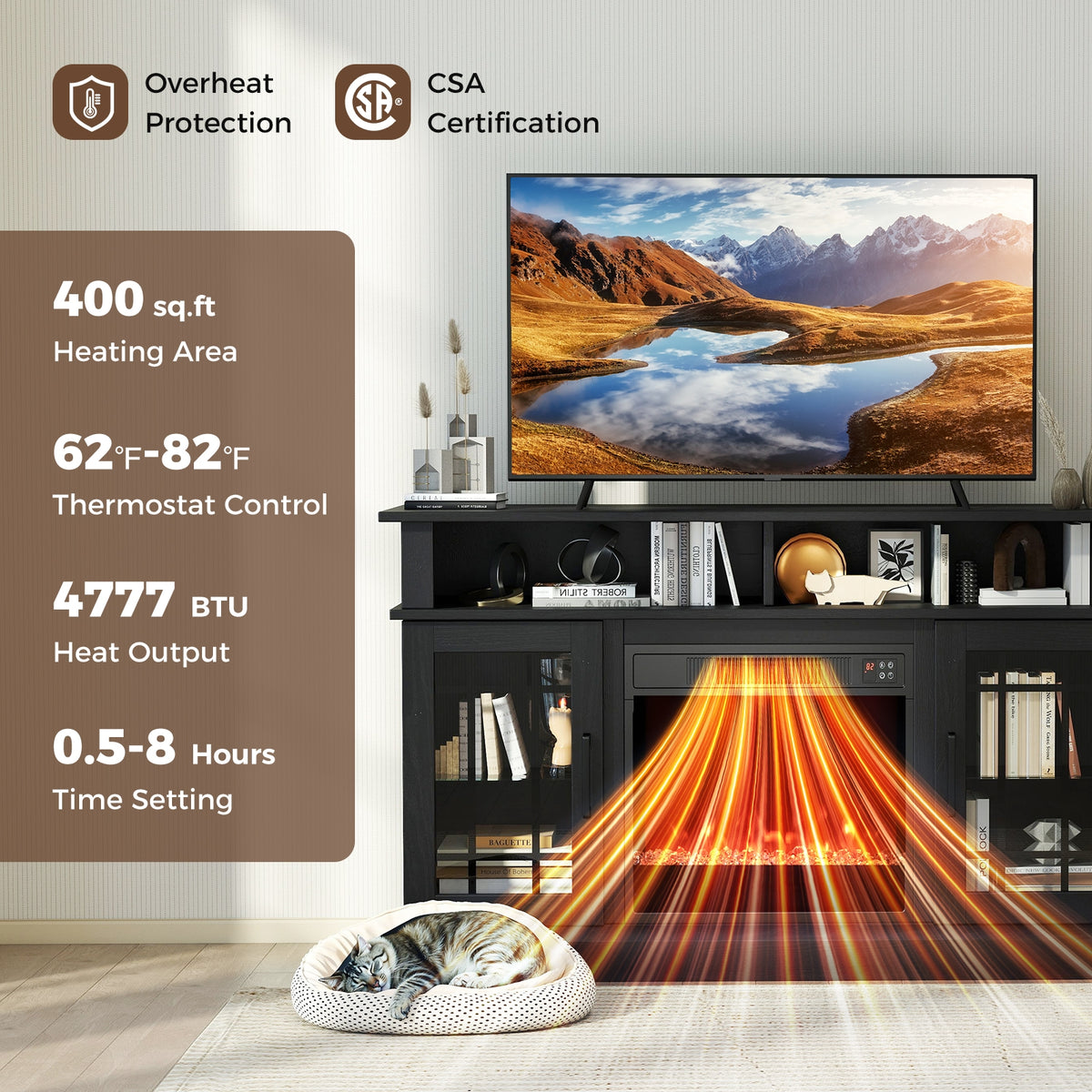 TV Stand with Electric Fireplace LED Lights and Remote Controls for TVs Up to 40 Inch-Black-Entertainment Centers & TV Stands-DECOROLALA